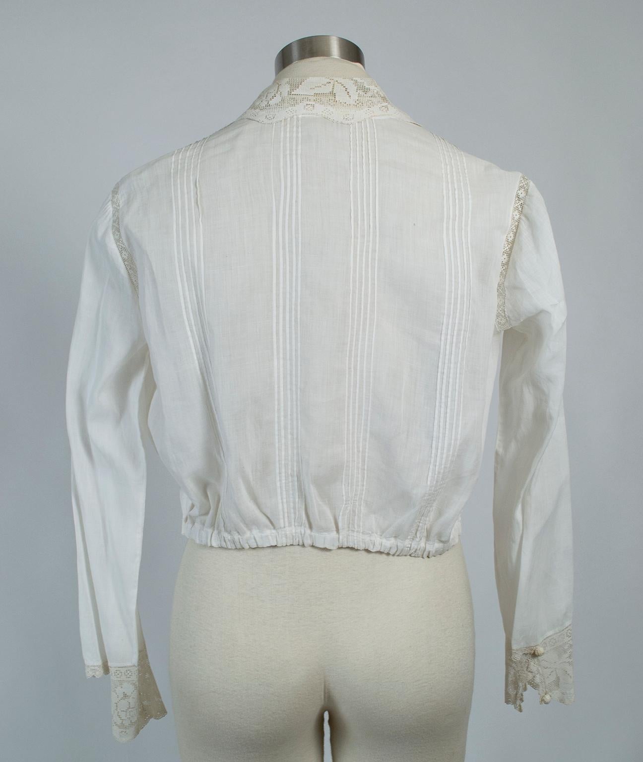 Gray Ivory Edwardian Filet Lace Sailor Collar Blouse - M, 1910s For Sale