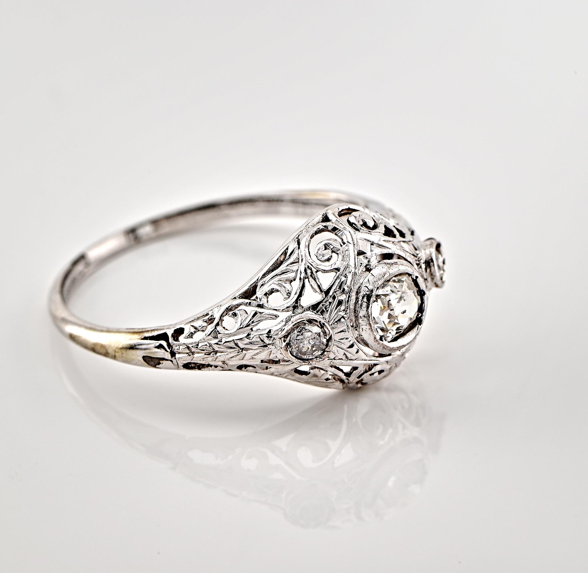 Old Mine Cut Edwardian Filigree .45 Ct Diamond 18 KT Ring For Sale