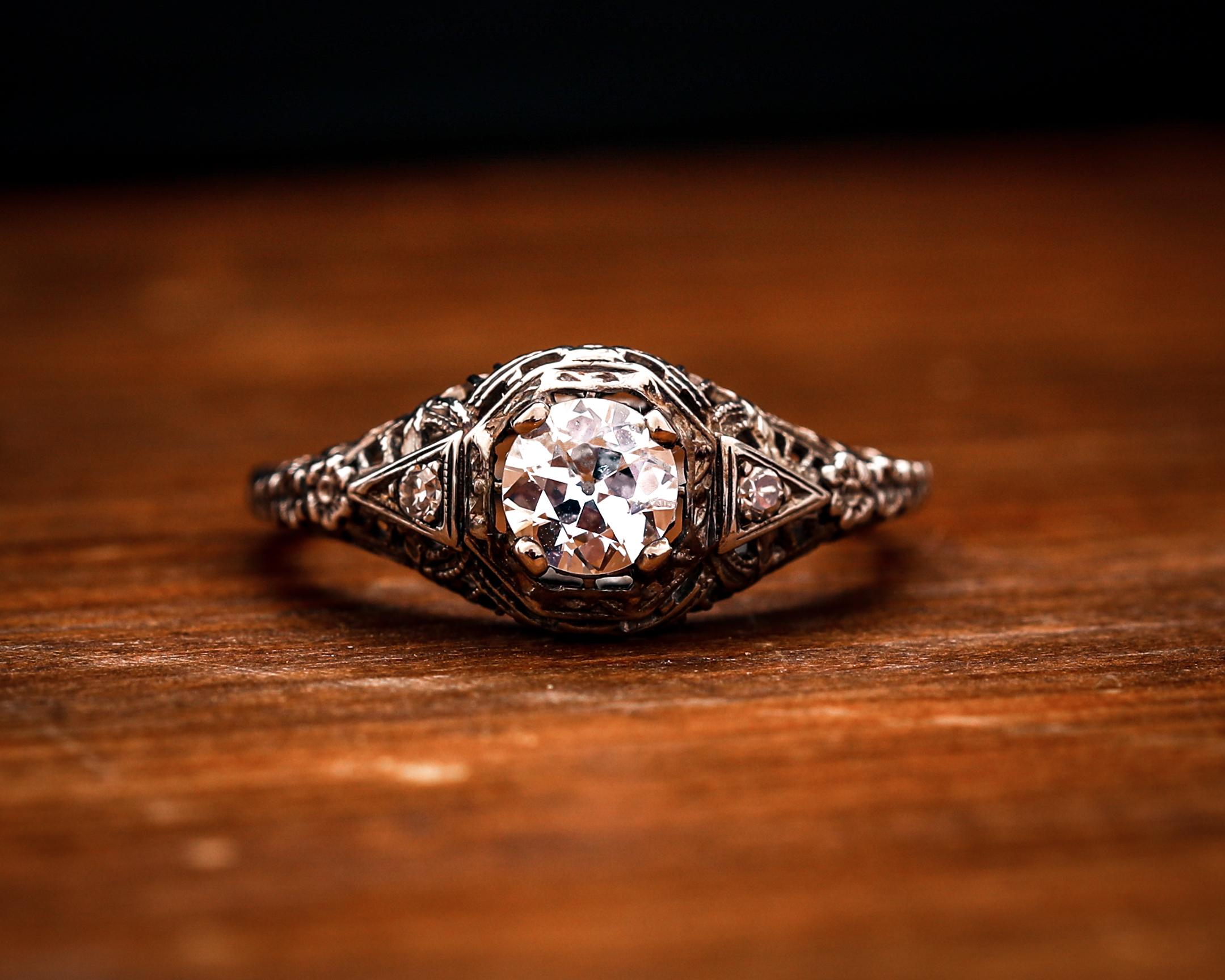 Old Mine Cut Edwardian Filigree .60 Carat Diamond White Gold Engagement Ring