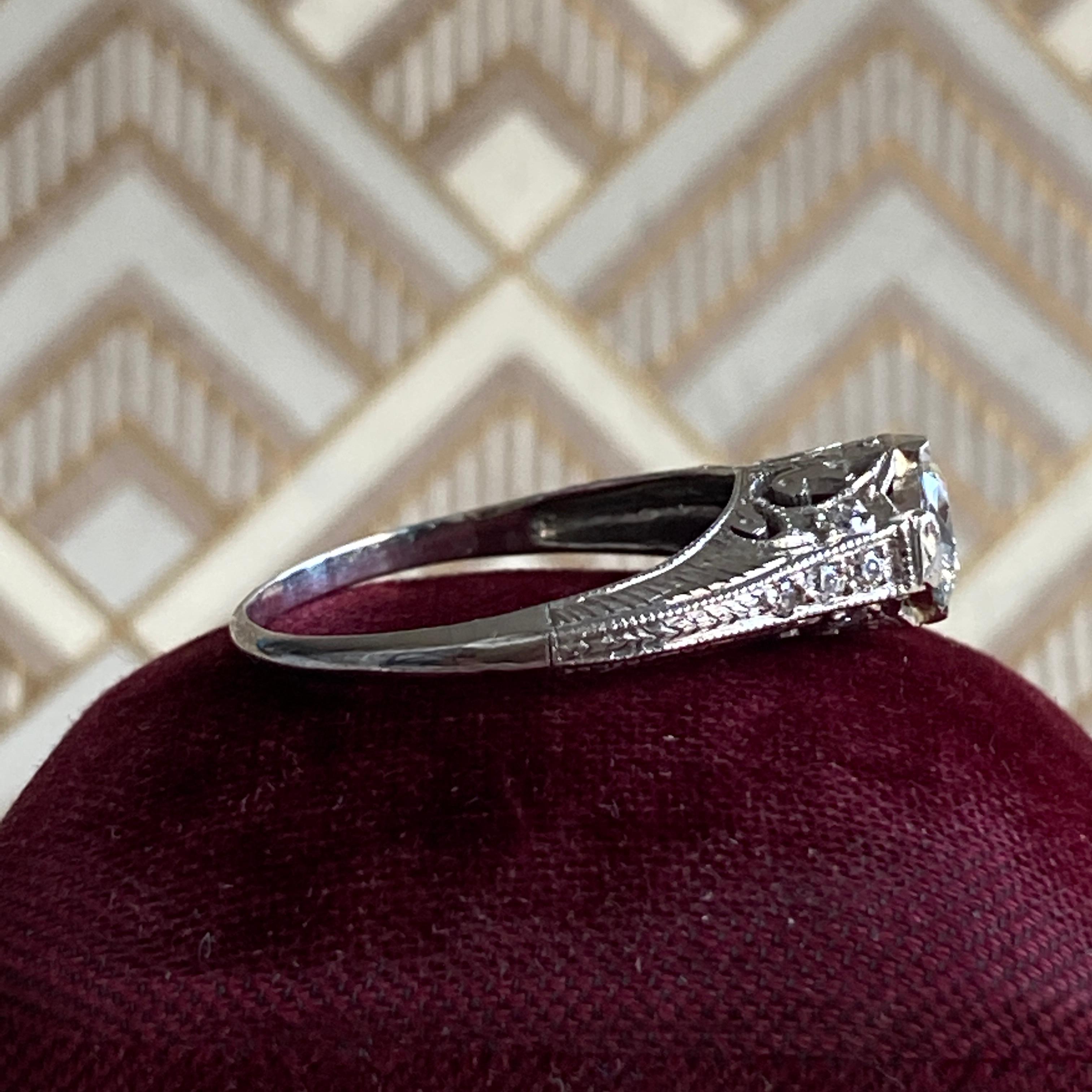 Edwardian Filigree Diamond Platinum Engagement Ring For Sale 2