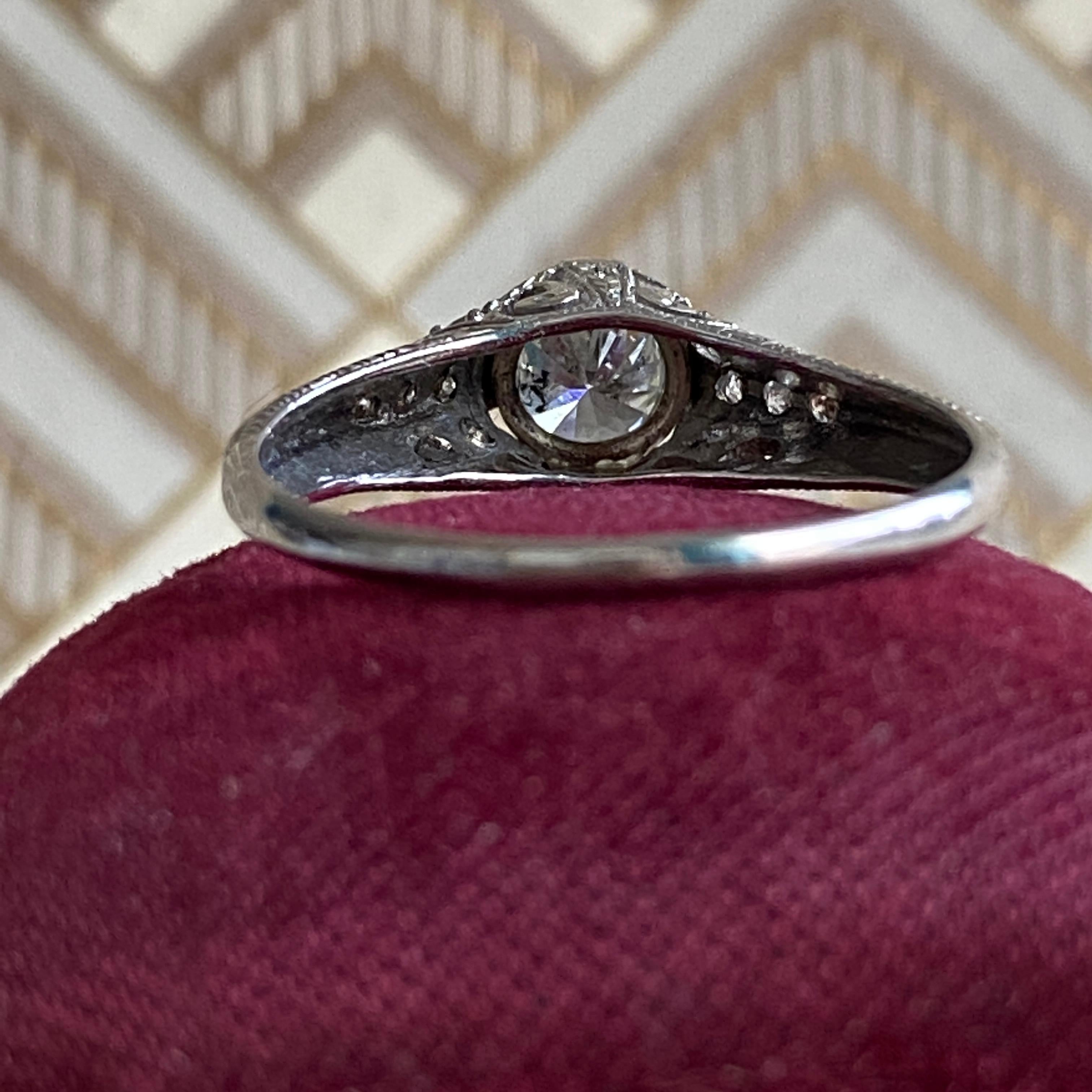 Edwardian Filigree Diamond Platinum Engagement Ring For Sale 3