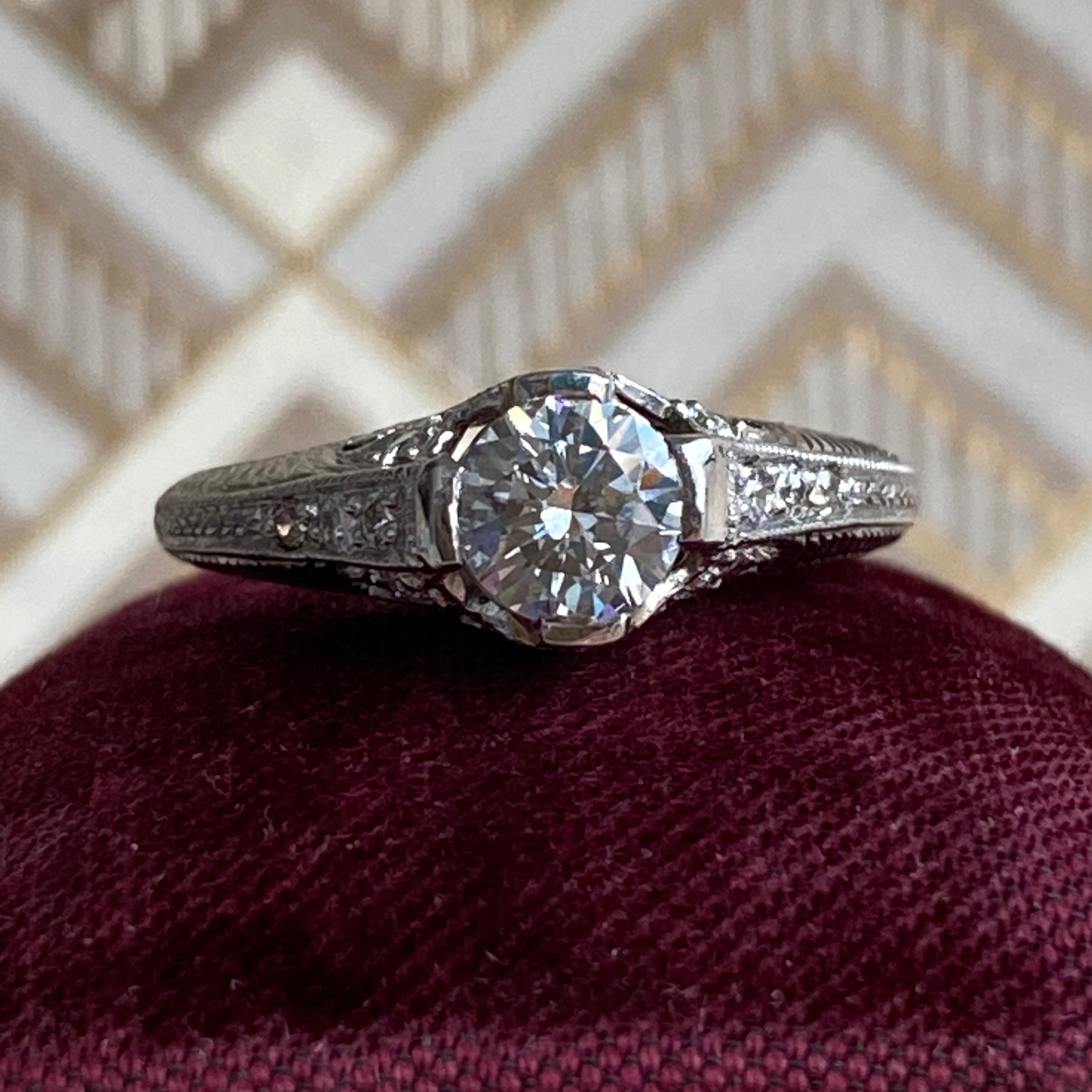 Edwardian Filigree Diamond Platinum Engagement Ring For Sale 5
