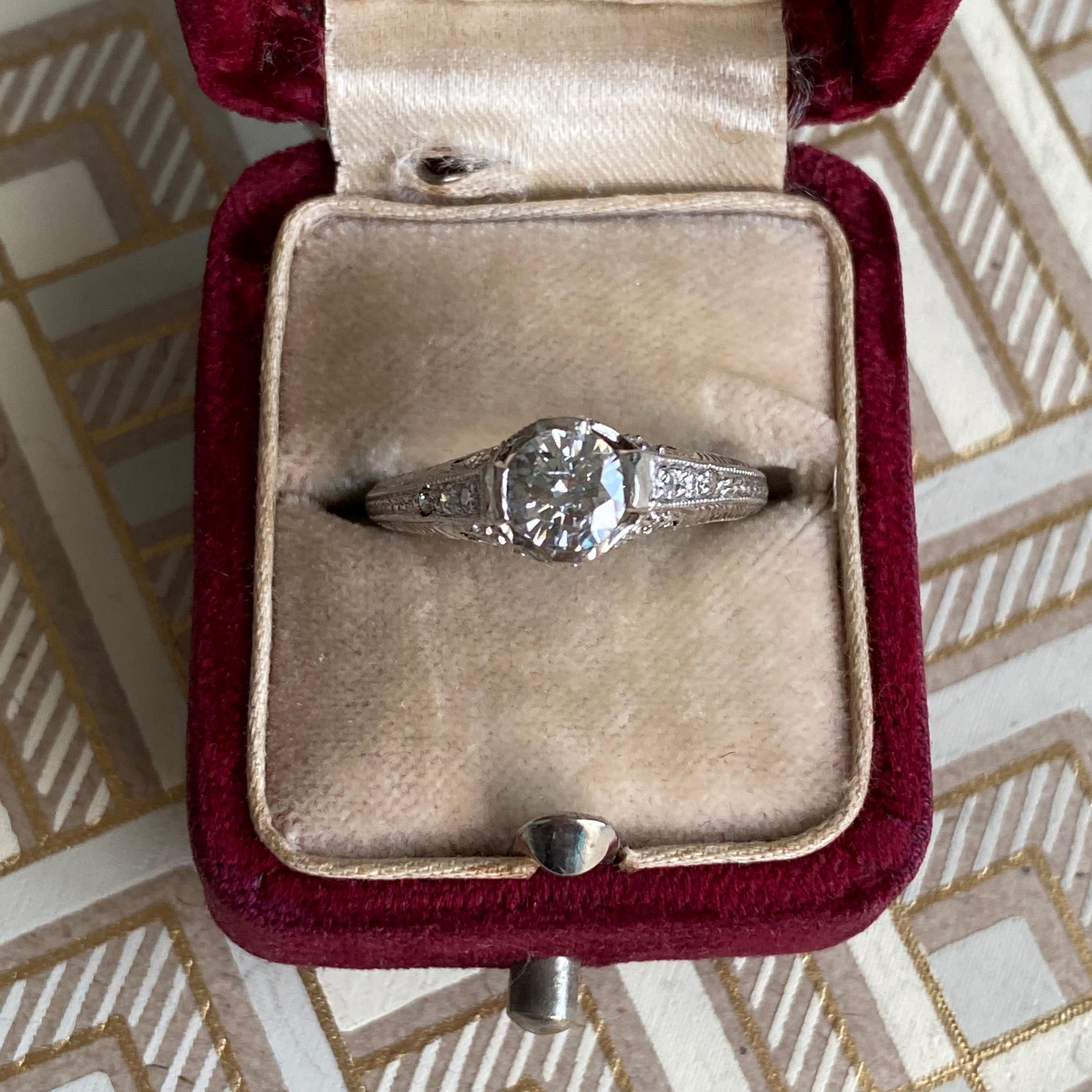 Edwardian Filigree Diamond Platinum Engagement Ring For Sale 6