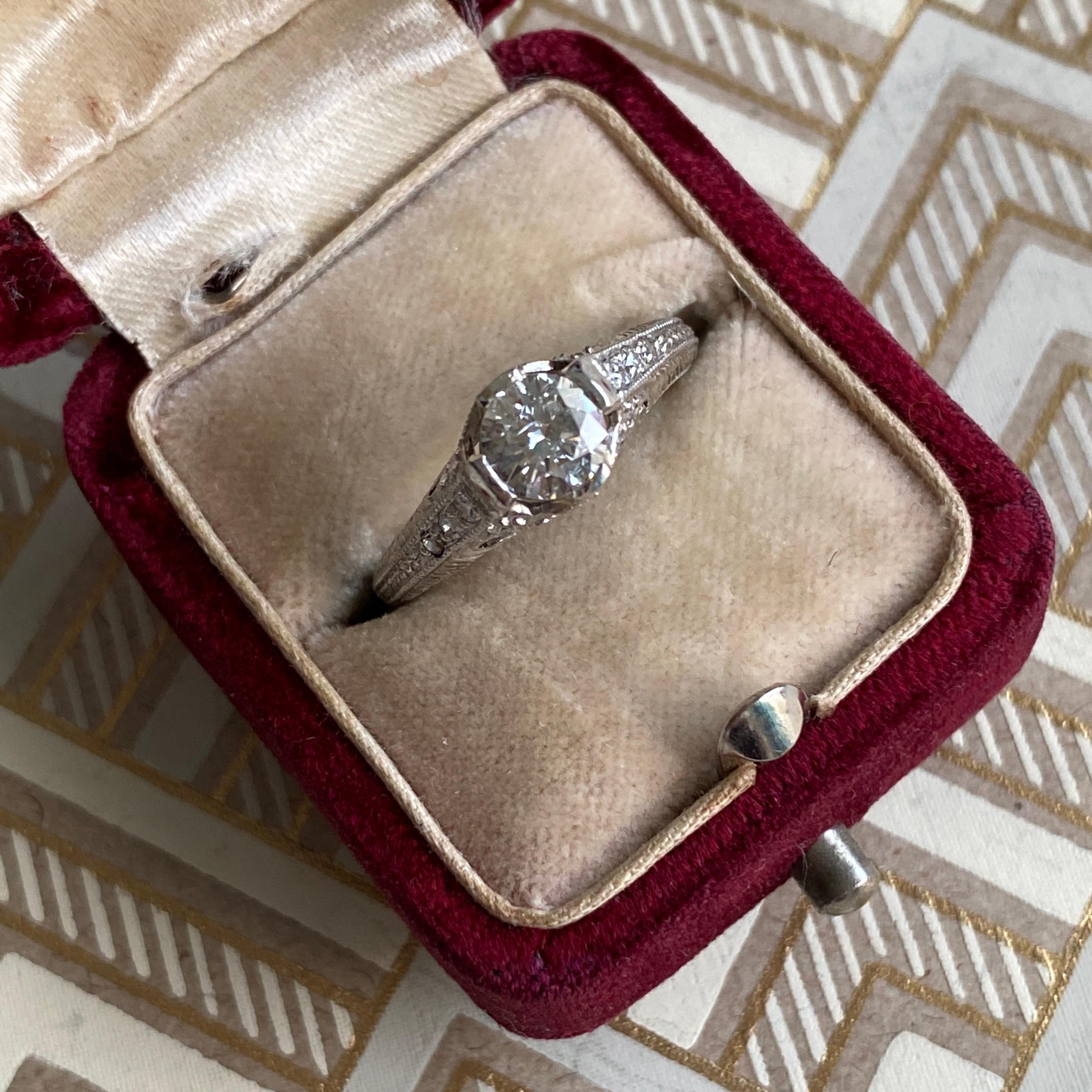 Edwardian Filigree Diamond Platinum Engagement Ring For Sale 7