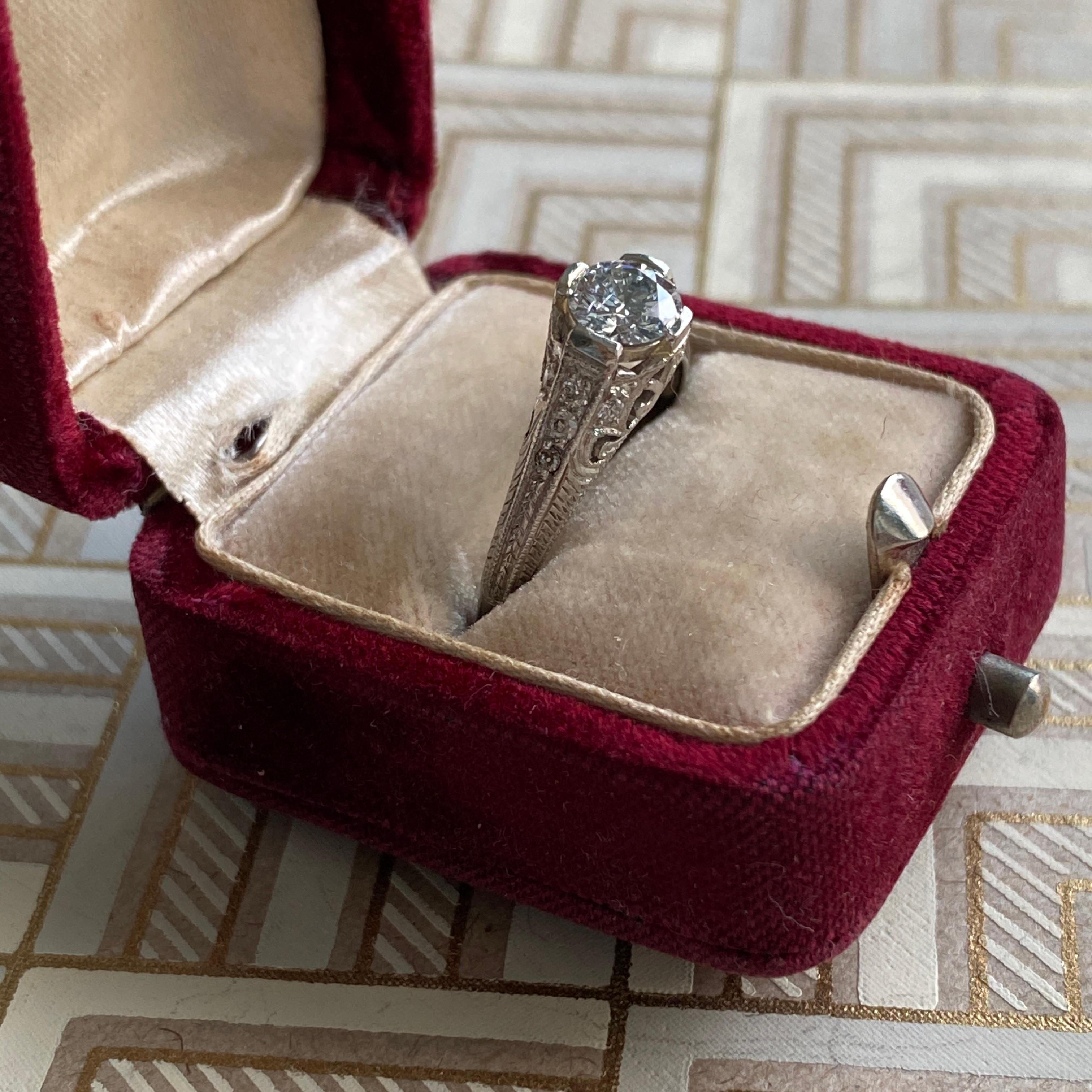 Edwardian Filigree Diamond Platinum Engagement Ring For Sale 8