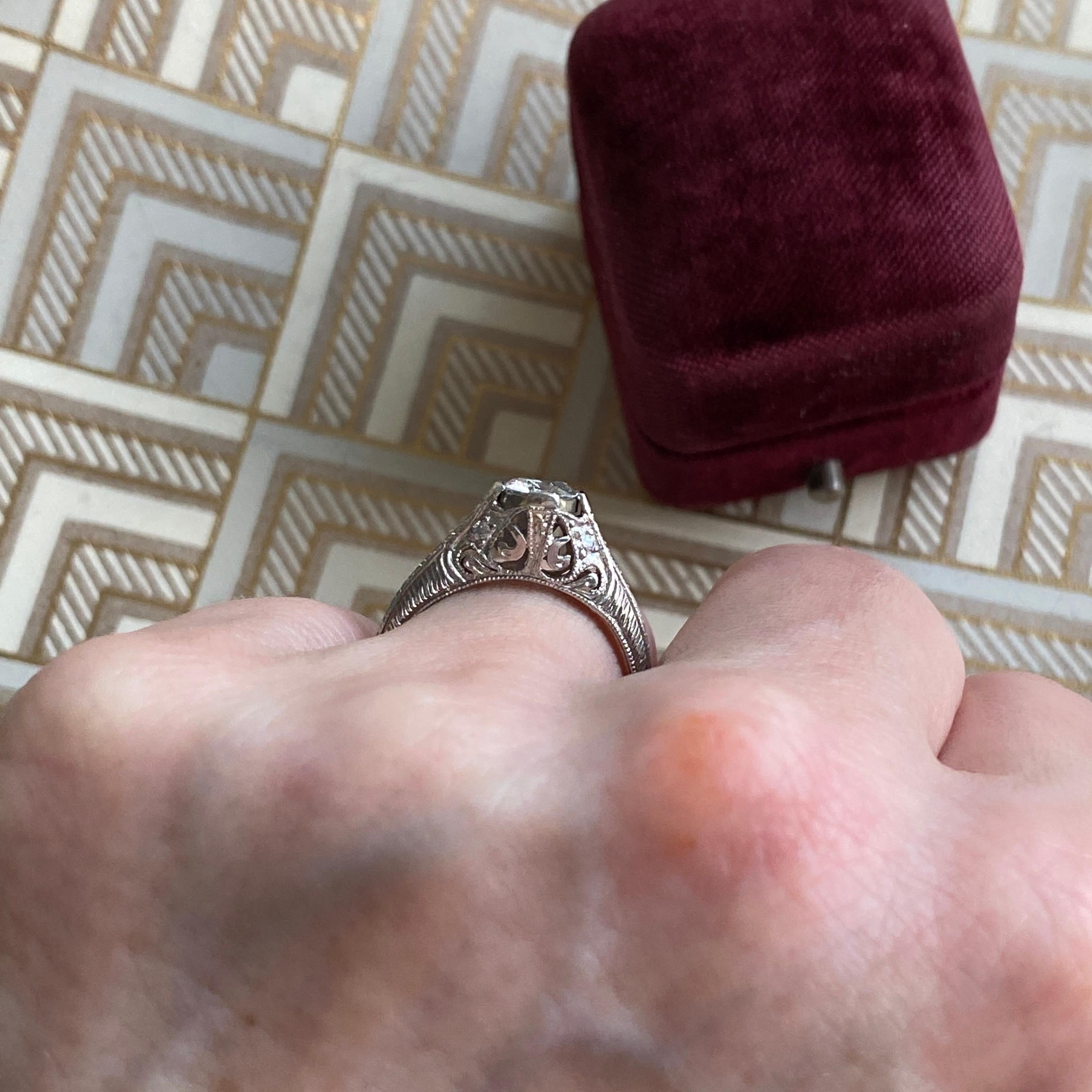 Edwardian Filigree Diamond Platinum Engagement Ring For Sale 9