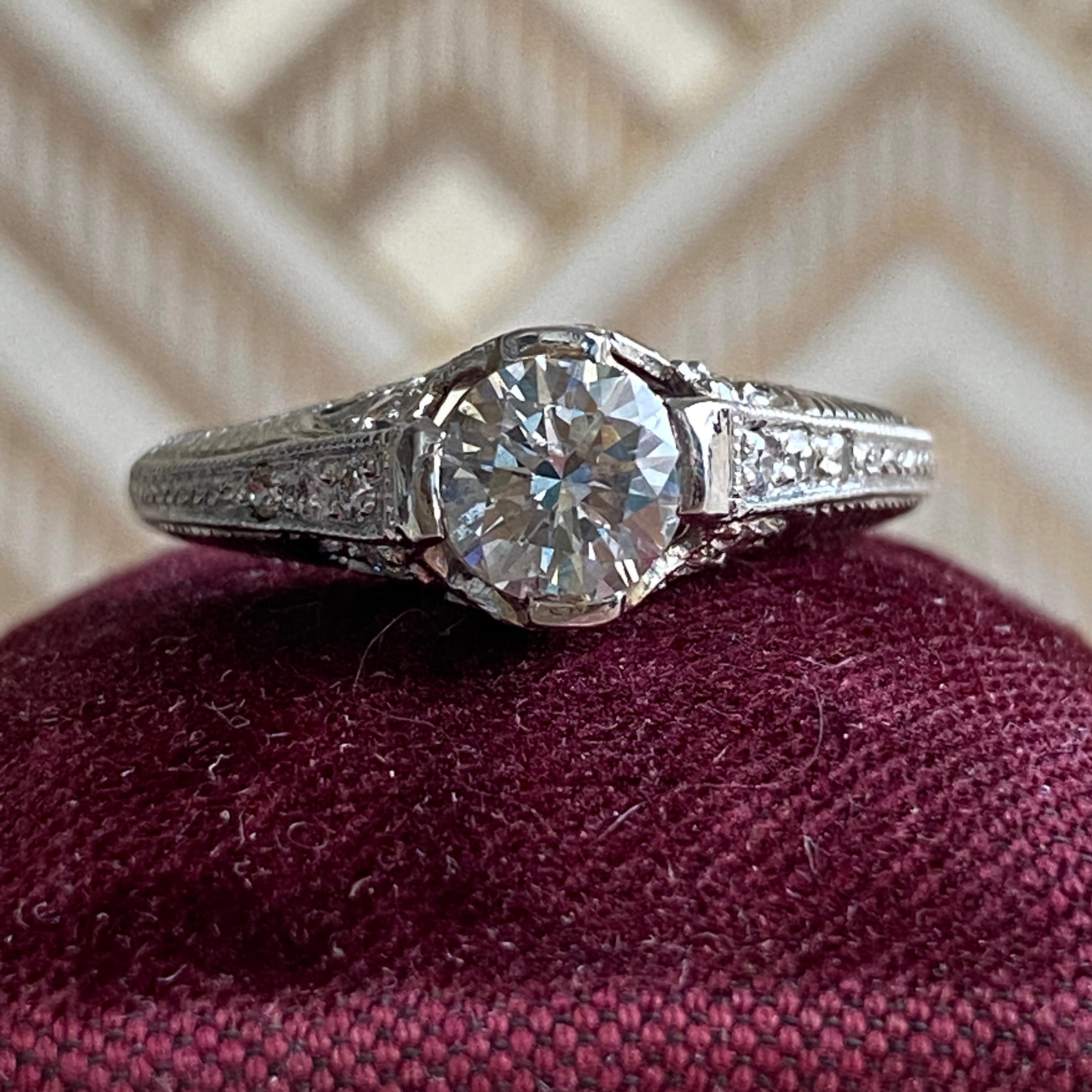 Brilliant Cut Edwardian Filigree Diamond Platinum Engagement Ring For Sale