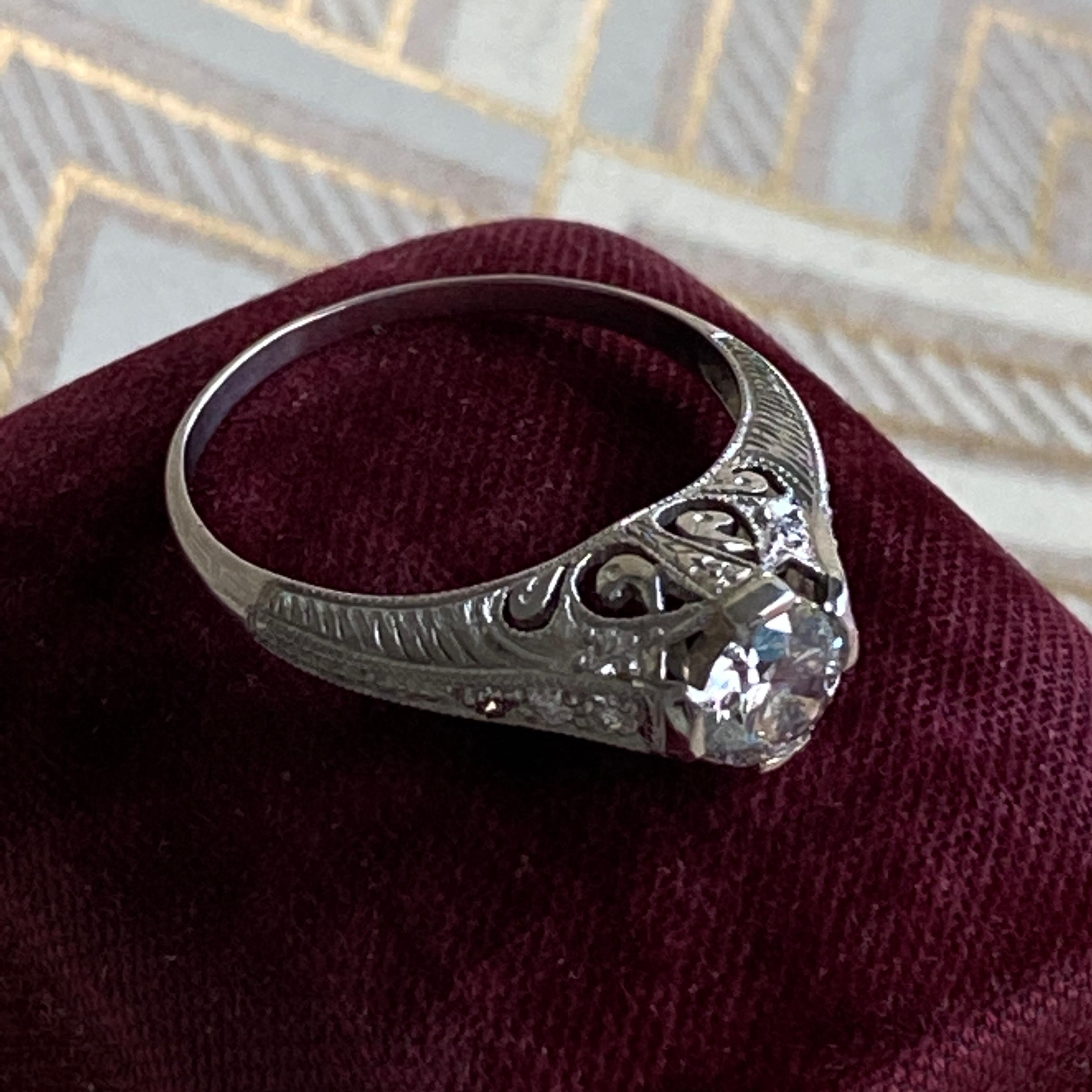 Women's Edwardian Filigree Diamond Platinum Engagement Ring For Sale