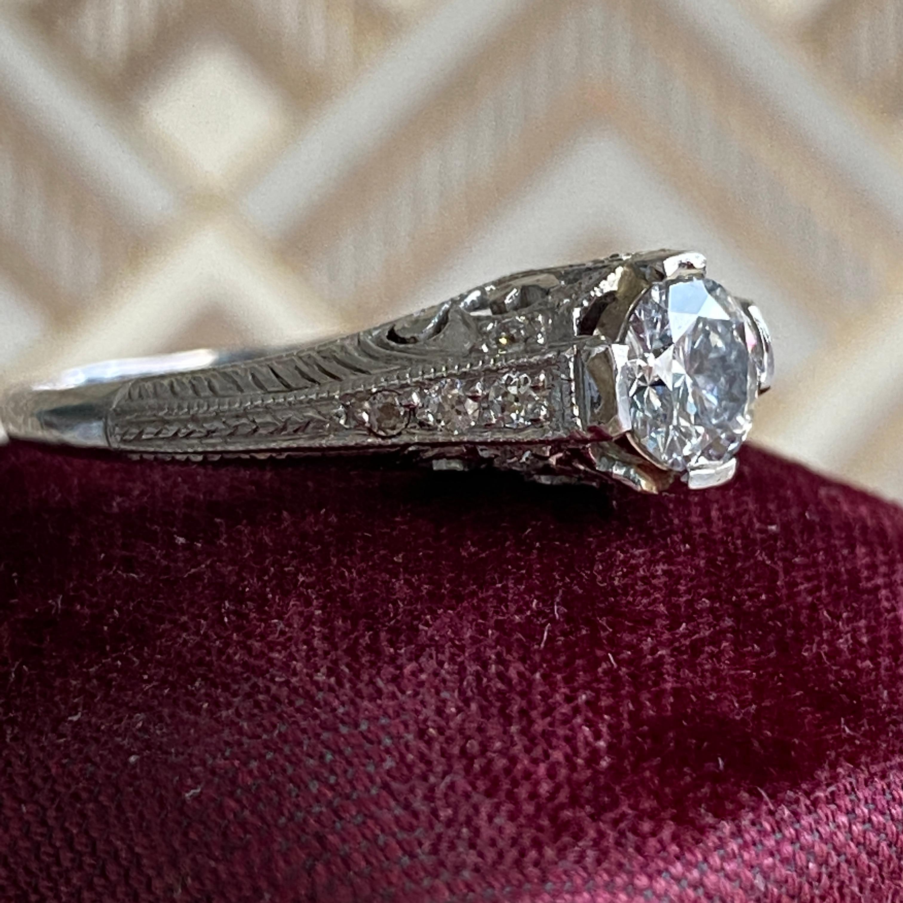 Edwardian Filigree Diamond Platinum Engagement Ring For Sale 1