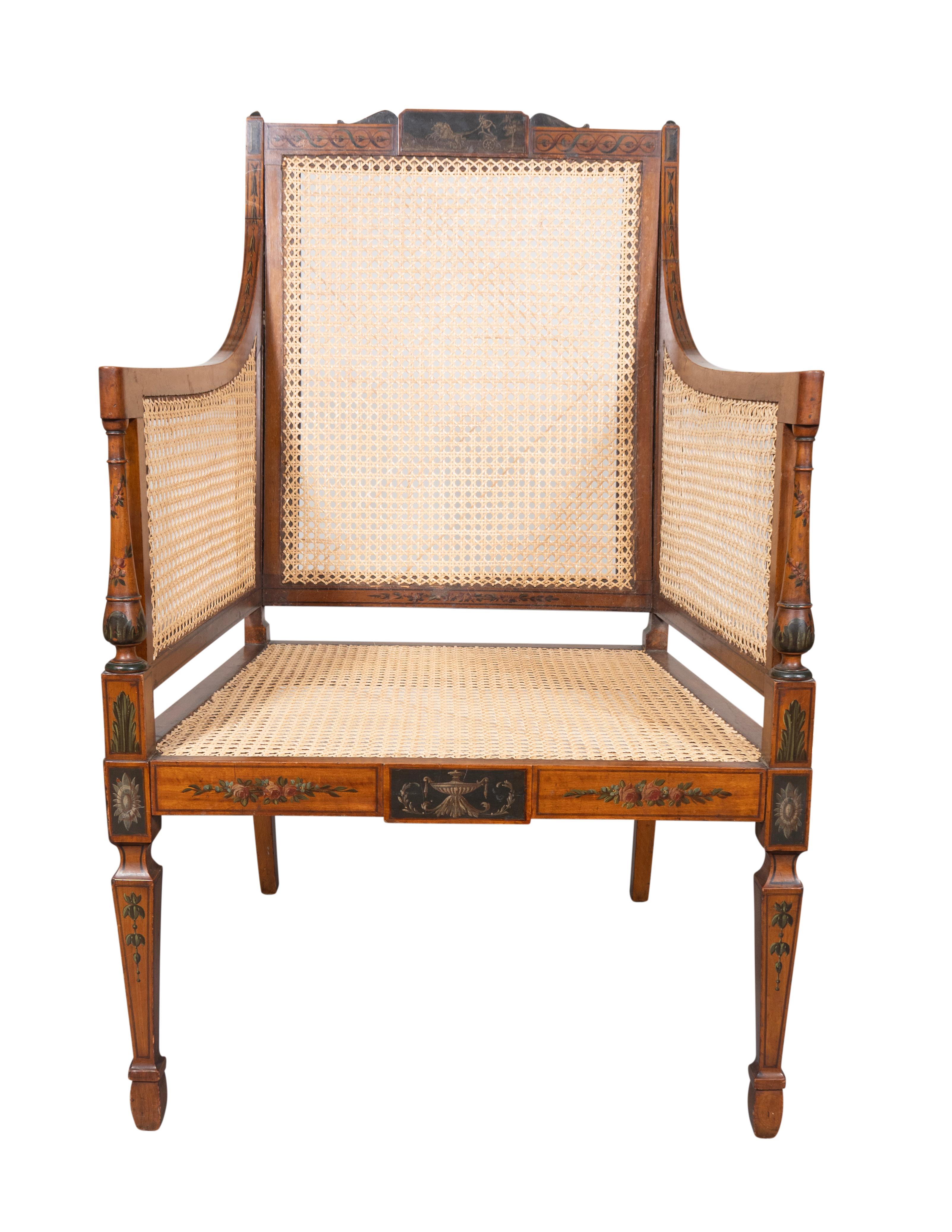 Edwardian Fein bemalt und Caned Satinwood Armchair (Englisch) im Angebot