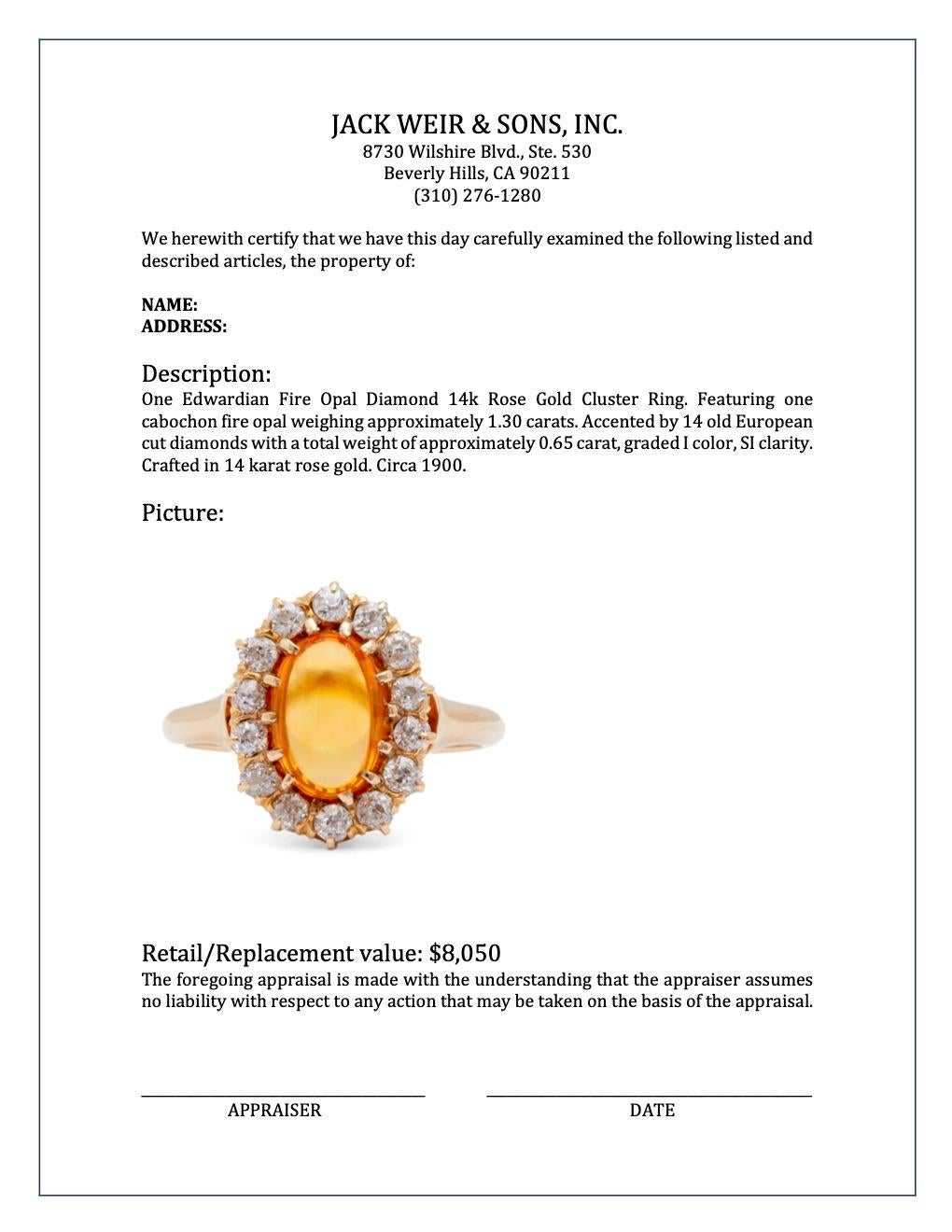 Edwardian Fire Opal Diamond 14k Rose Gold Cluster Ring 2