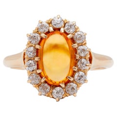 Antique Edwardian Fire Opal Diamond 14k Rose Gold Cluster Ring