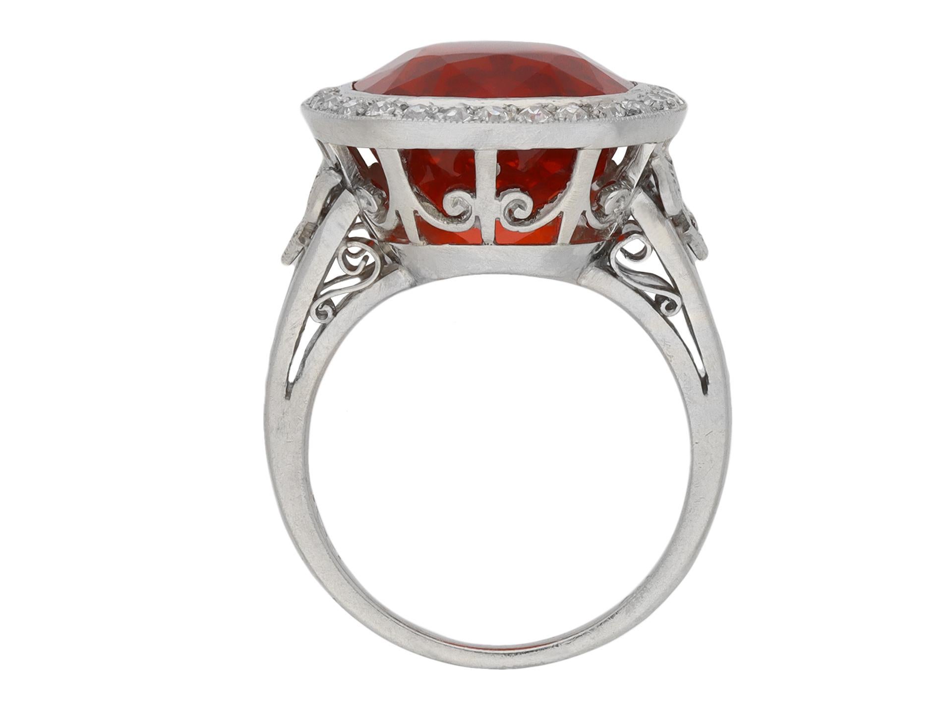 Edwardian Fire Opal and Diamond Coronet Cluster Ring, circa 1915 In Good Condition In London, GB