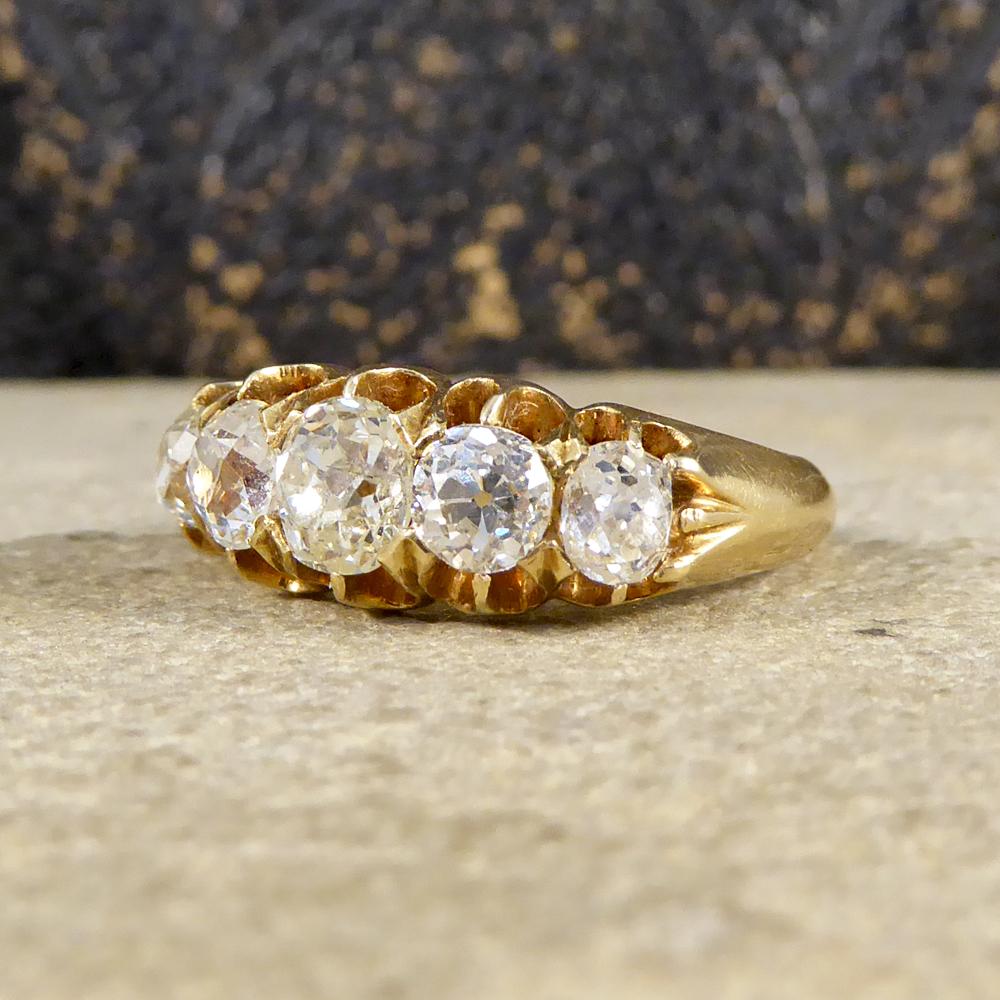 Women's or Men's Edwardian Five-Stone 1.85 Carat Old Cut Diamond Ring in 18 Carat Yellow Gold