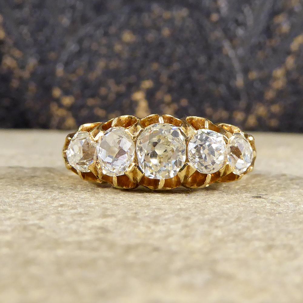 Edwardian Five-Stone 1.85 Carat Old Cut Diamond Ring in 18 Carat Yellow Gold 1
