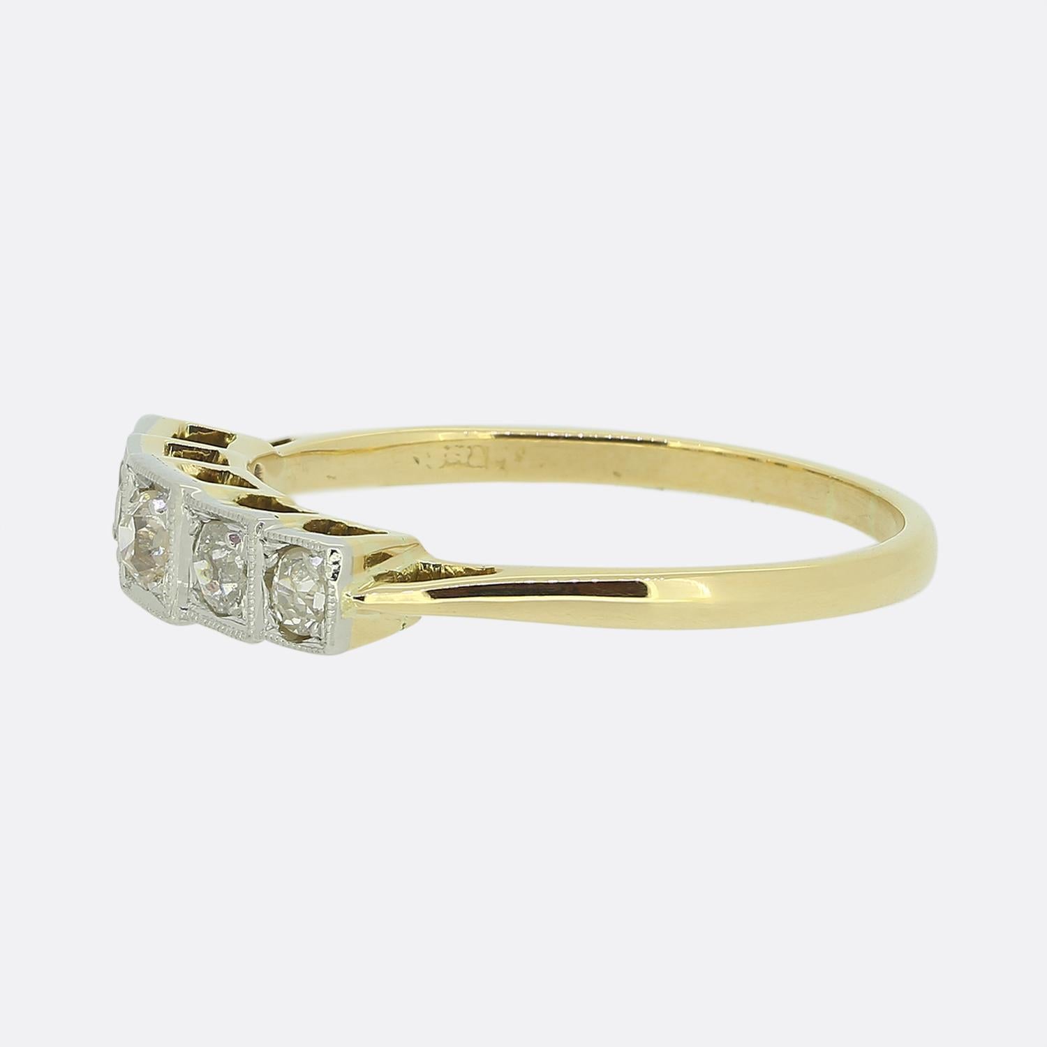 Here we have a wonderful five-stone ring crafted during the early stages of the 20th century. This piece showcases five round faceted old cut diamonds which have been individually claw set in a stepped formation whilst graduating inwardly in size. A