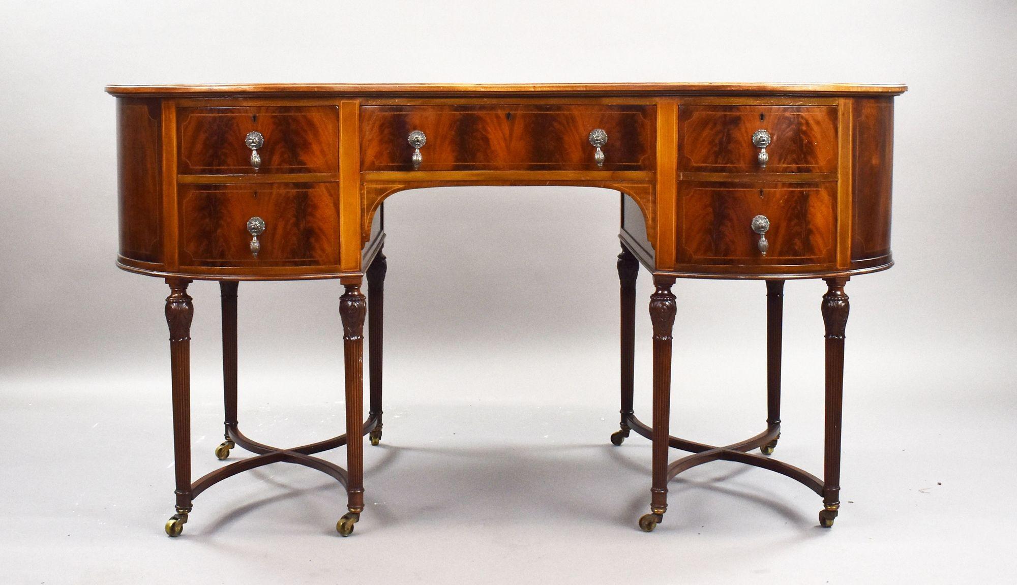 English Edwardian Flame Mahogany Kidney Shaped Writing Table For Sale