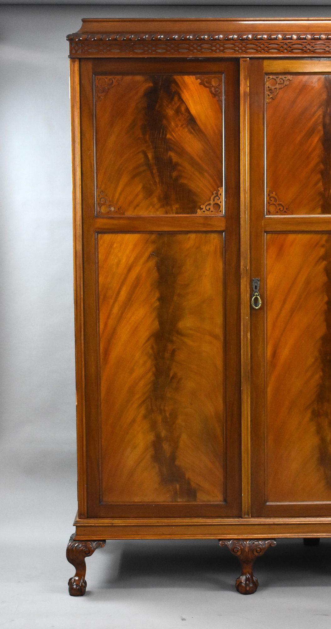 Edwardian Flame Mahogany Triple Wardrobe
Item Code: 1383
A fine quality Edwardian flame mahogany triple wardrobe of excellent colour and craftsmanship. The three panelled doors feature beautifully figured mahogany veneers with carved corner details