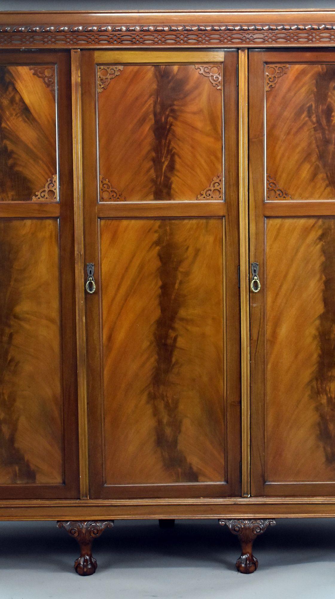English Edwardian Flame Mahogany Triple Wardrobe For Sale