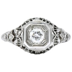 Edwardian Floral Diamond 18 Karat White Gold Engagement Ring