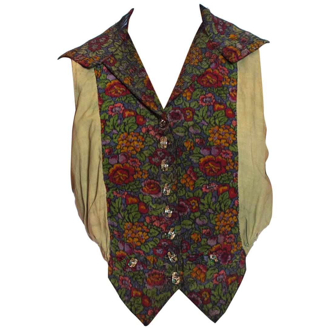 Edwardian Floral Hand Woven Silk & Cotton Ikat Waistcoat Top For Sale
