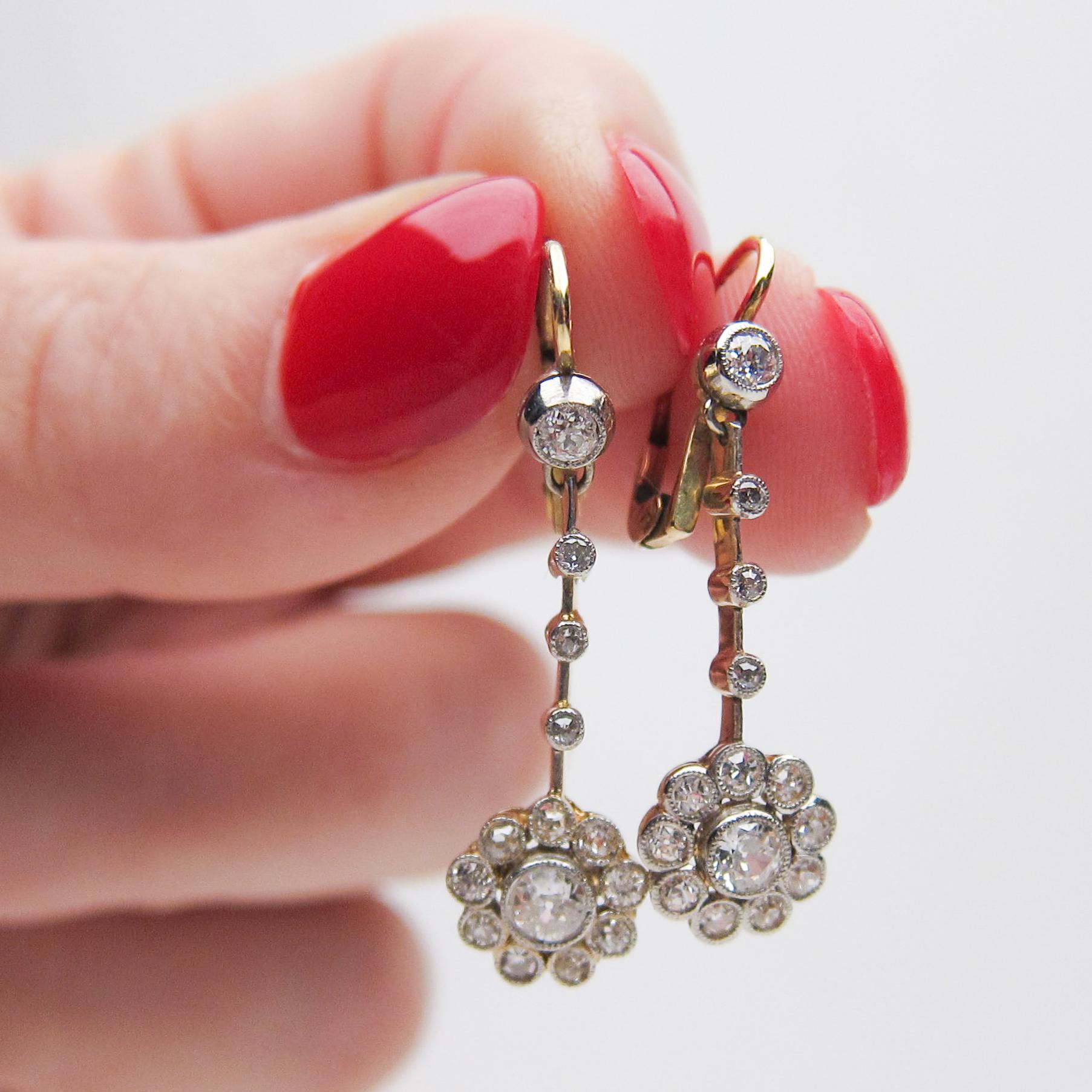 Old European Cut Edwardian Floral Motif .84 Carat Diamond Drop Earrings For Sale