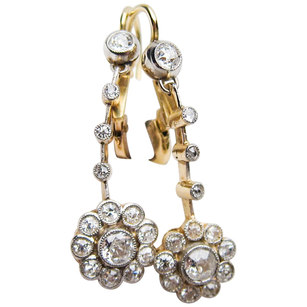 Edwardian Floral Motif .84 Carat Diamond Drop Earrings For Sale