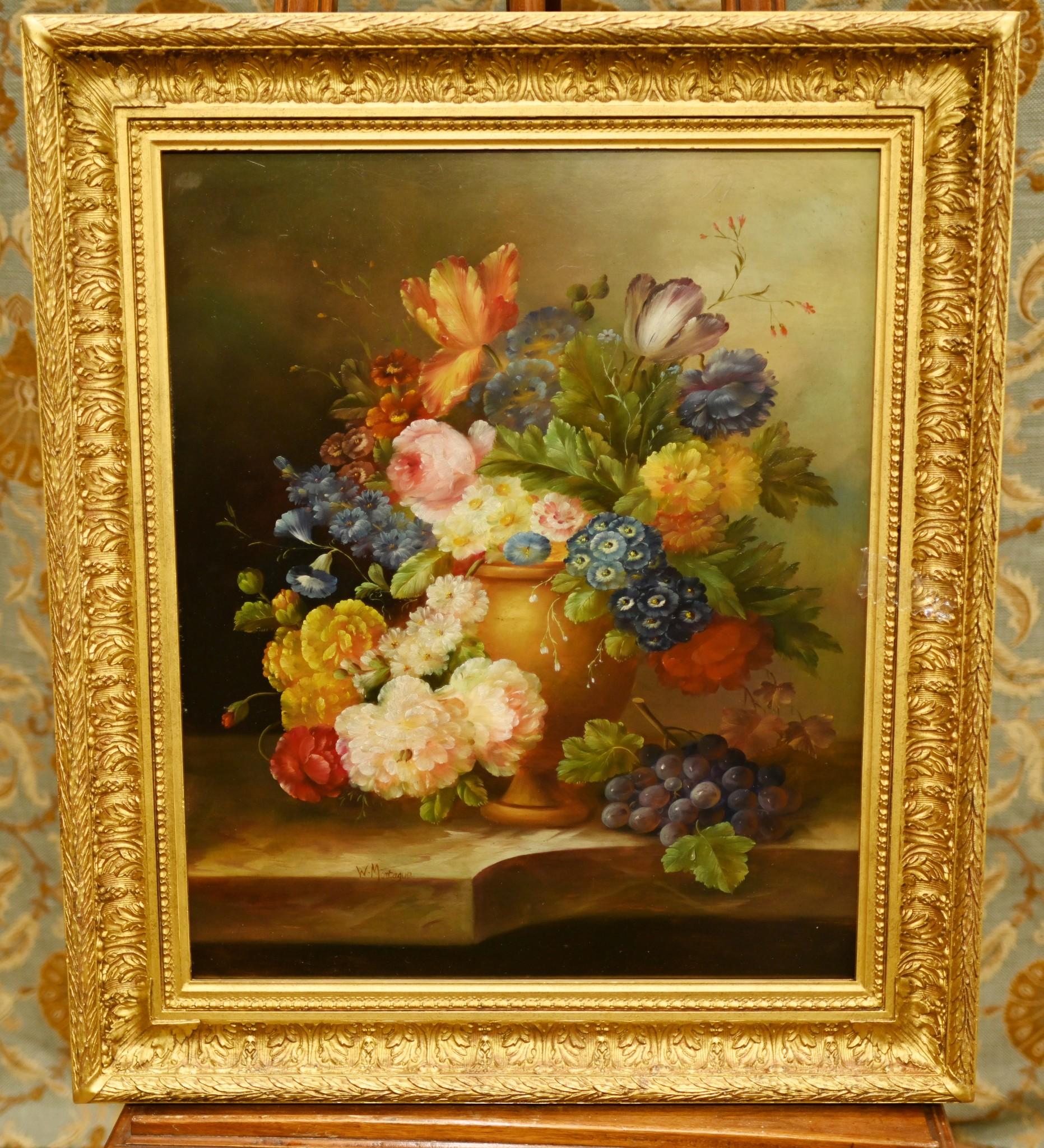 Eye catching Edwardian style oil painting of a vivid floral spray
This would add light and energy to any interior
Brushwork is incredibly detailed and look at the colours to the flowers
Gilt frame very ornate
Piece is signed M Montague in bottom