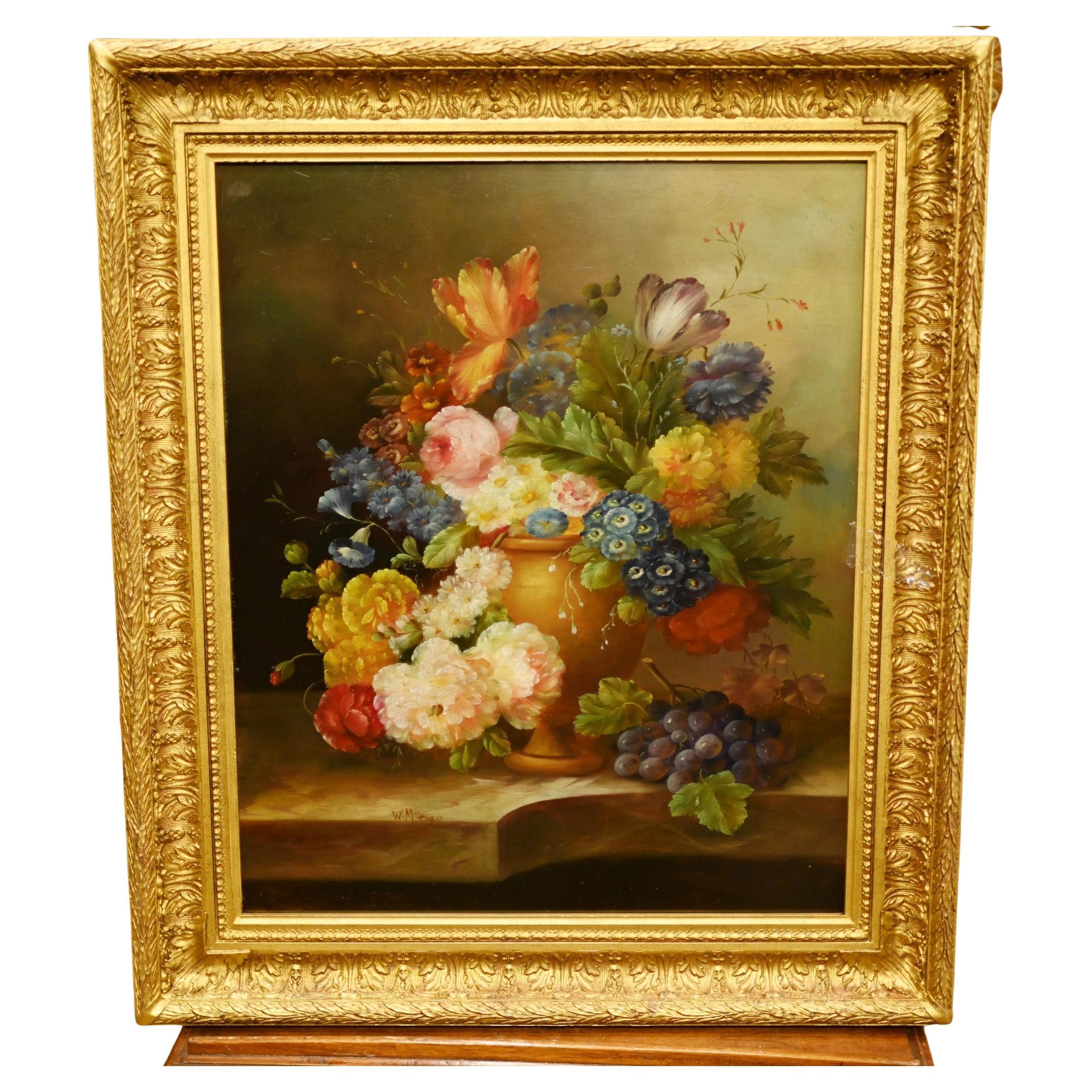Edwardian Floral Still Life Oil Painting Gilt Frame Flowers For Sale