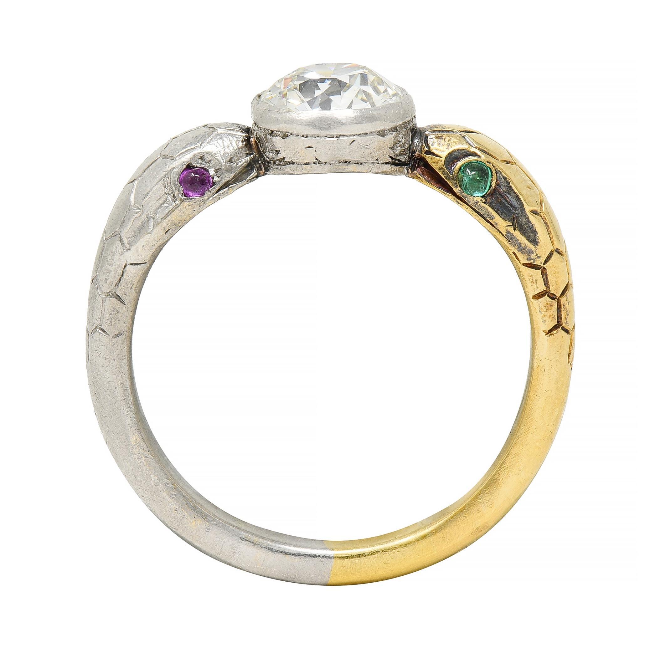 Edwardian French 1.16 CTW Diamond Platinum 18 Karat Gold Snake Engagement Ring 6