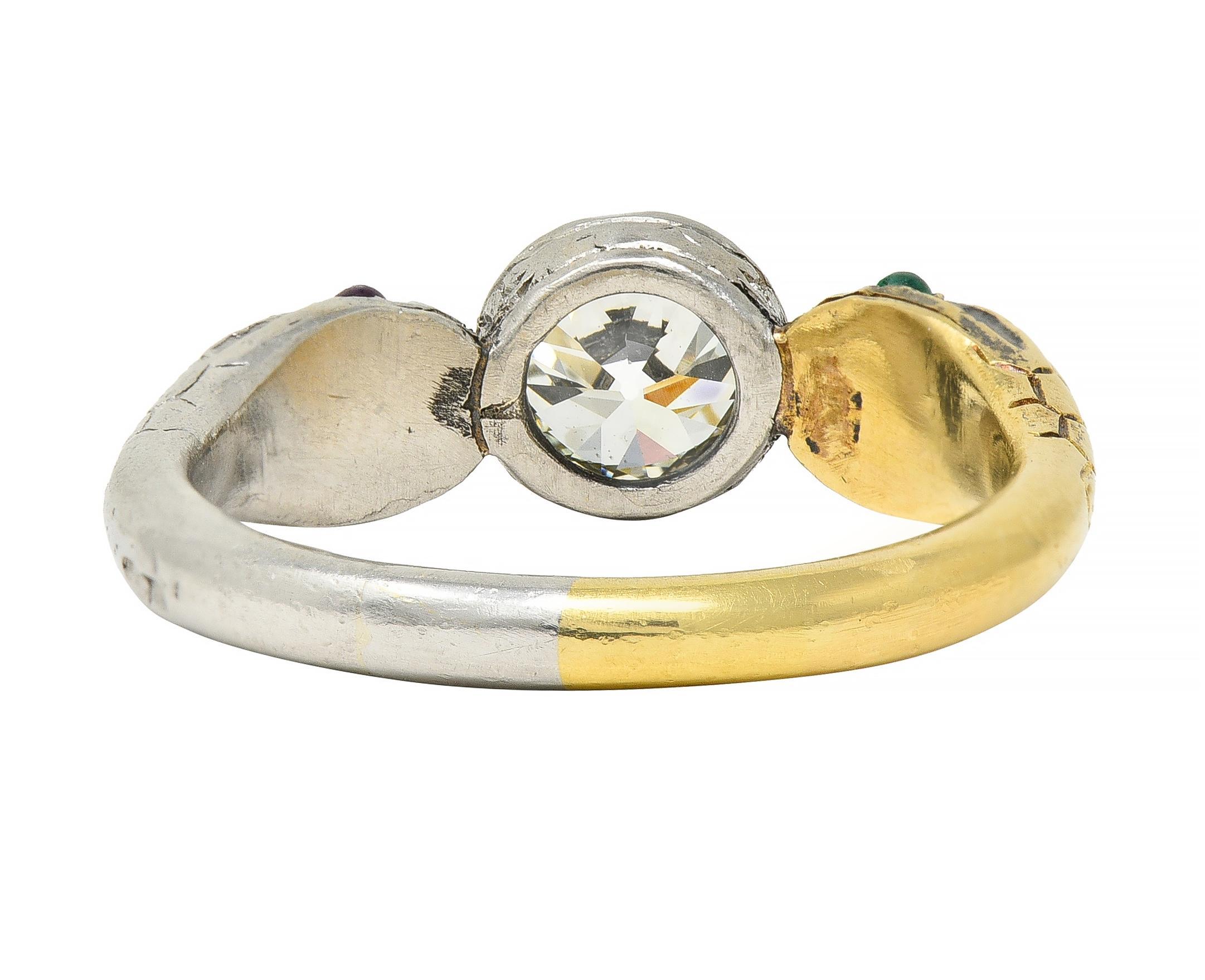 Women's or Men's Edwardian French 1.16 CTW Diamond Platinum 18 Karat Gold Snake Engagement Ring