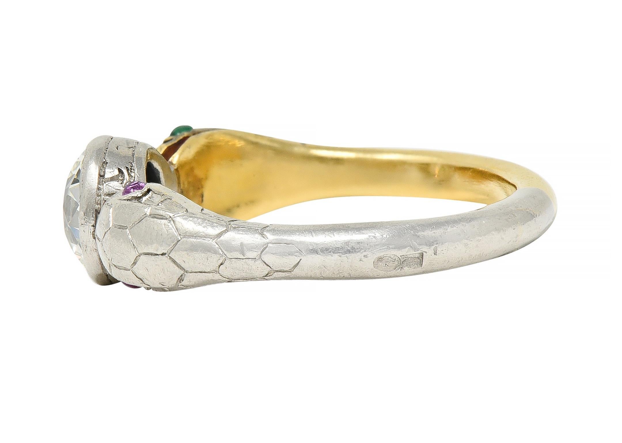 Edwardian French 1.16 CTW Diamond Platinum 18 Karat Gold Snake Engagement Ring 1