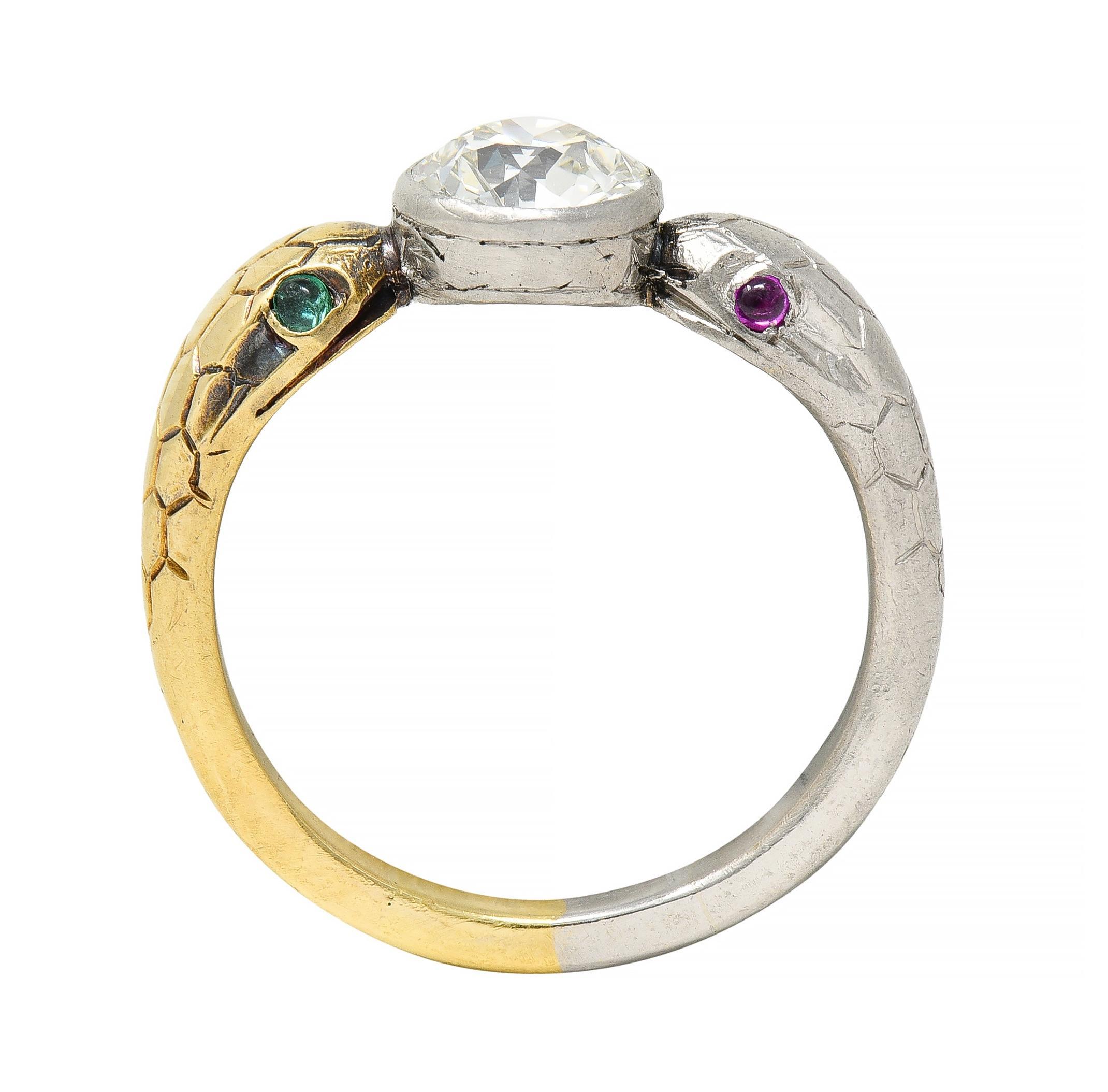 Edwardian French 1.16 CTW Diamond Platinum 18 Karat Gold Snake Engagement Ring 4