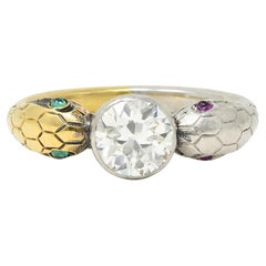 Bague de fiançailles Edwardienne française 1.16 CTW Diamond Platinum 18 Karat Gold Snake Engagement Ring