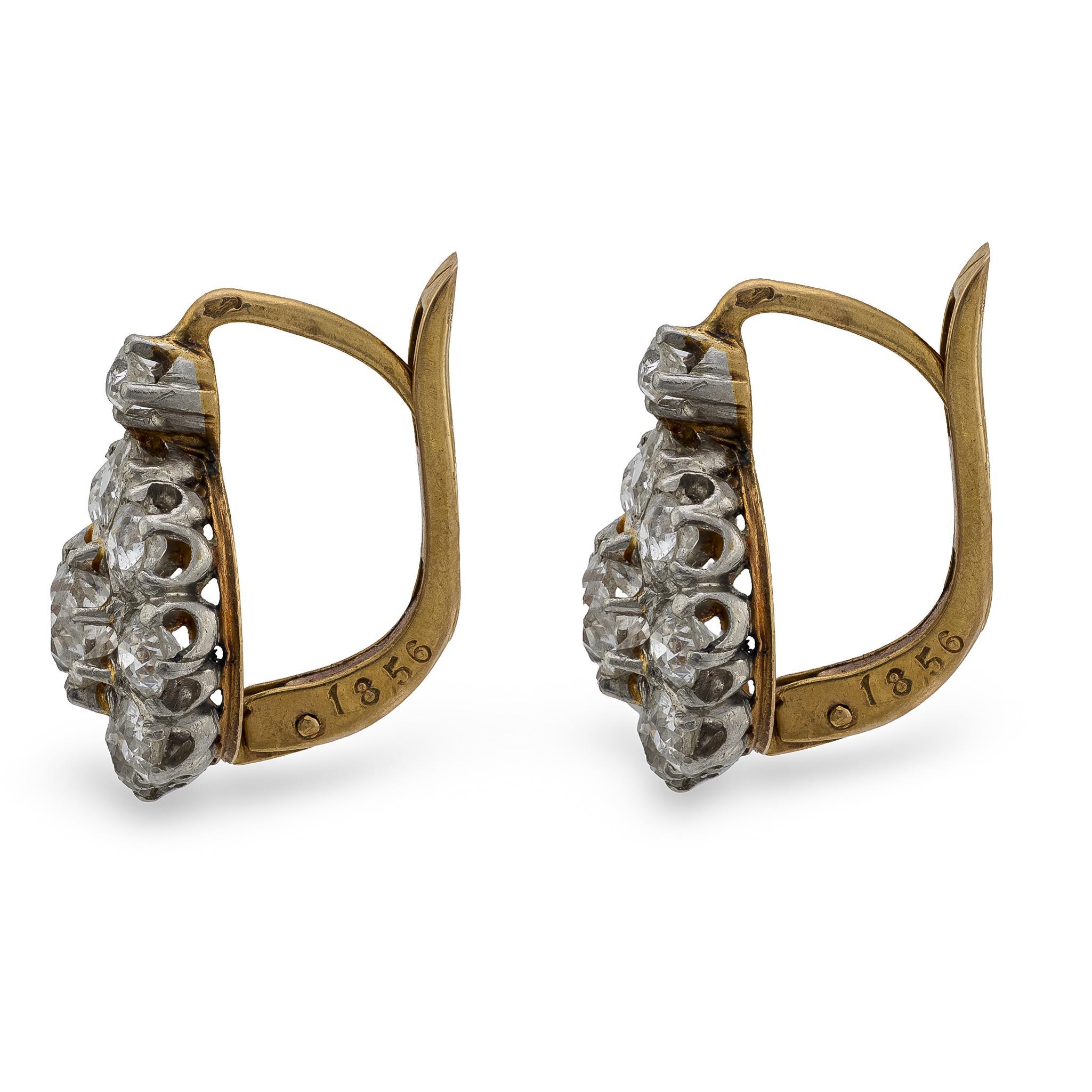 Old Mine Cut Edwardian French 18k/Platinum Diamond Cluster Earrings 2.50ctw For Sale