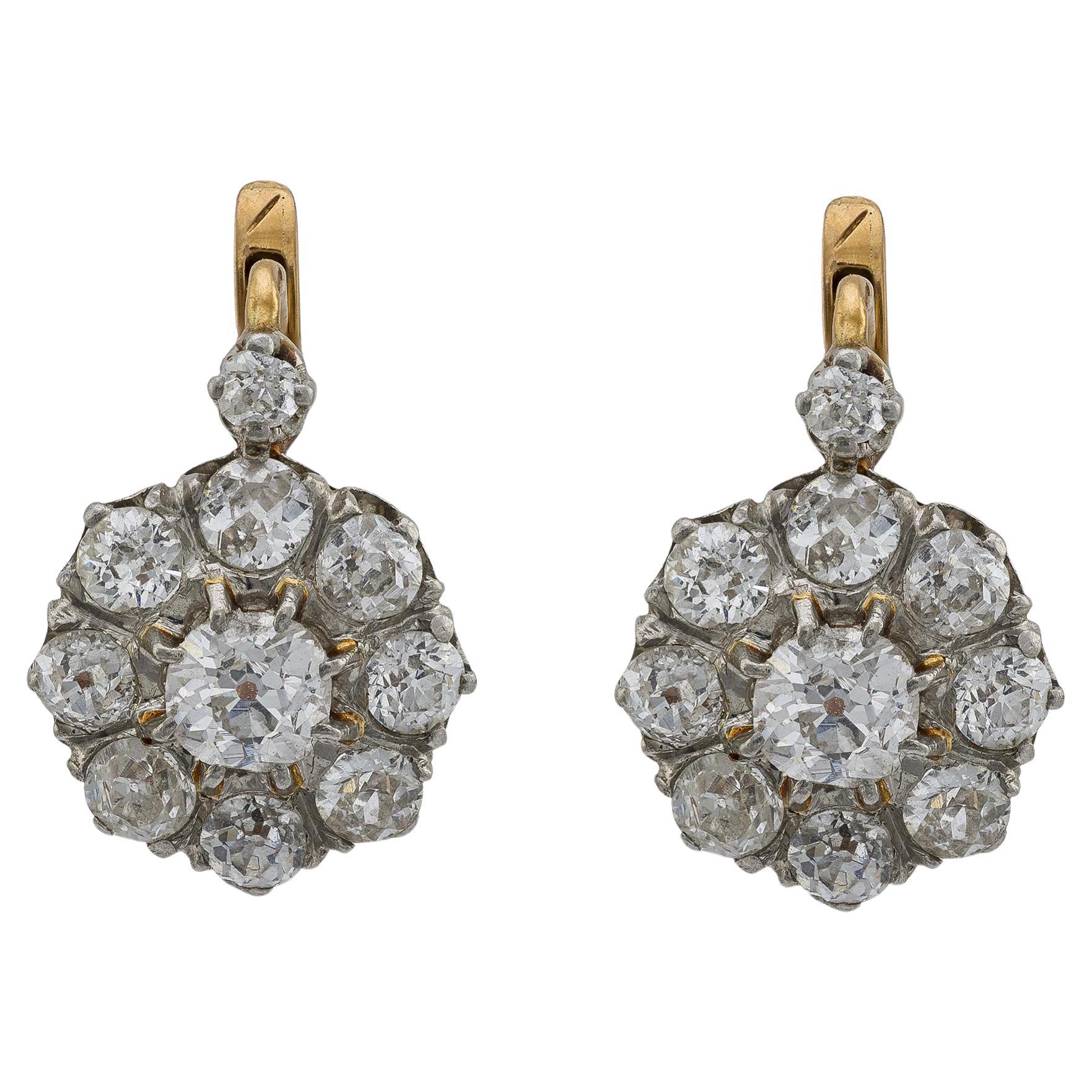 Edwardian French 18k/Platinum Diamond Cluster Earrings 2.50ctw