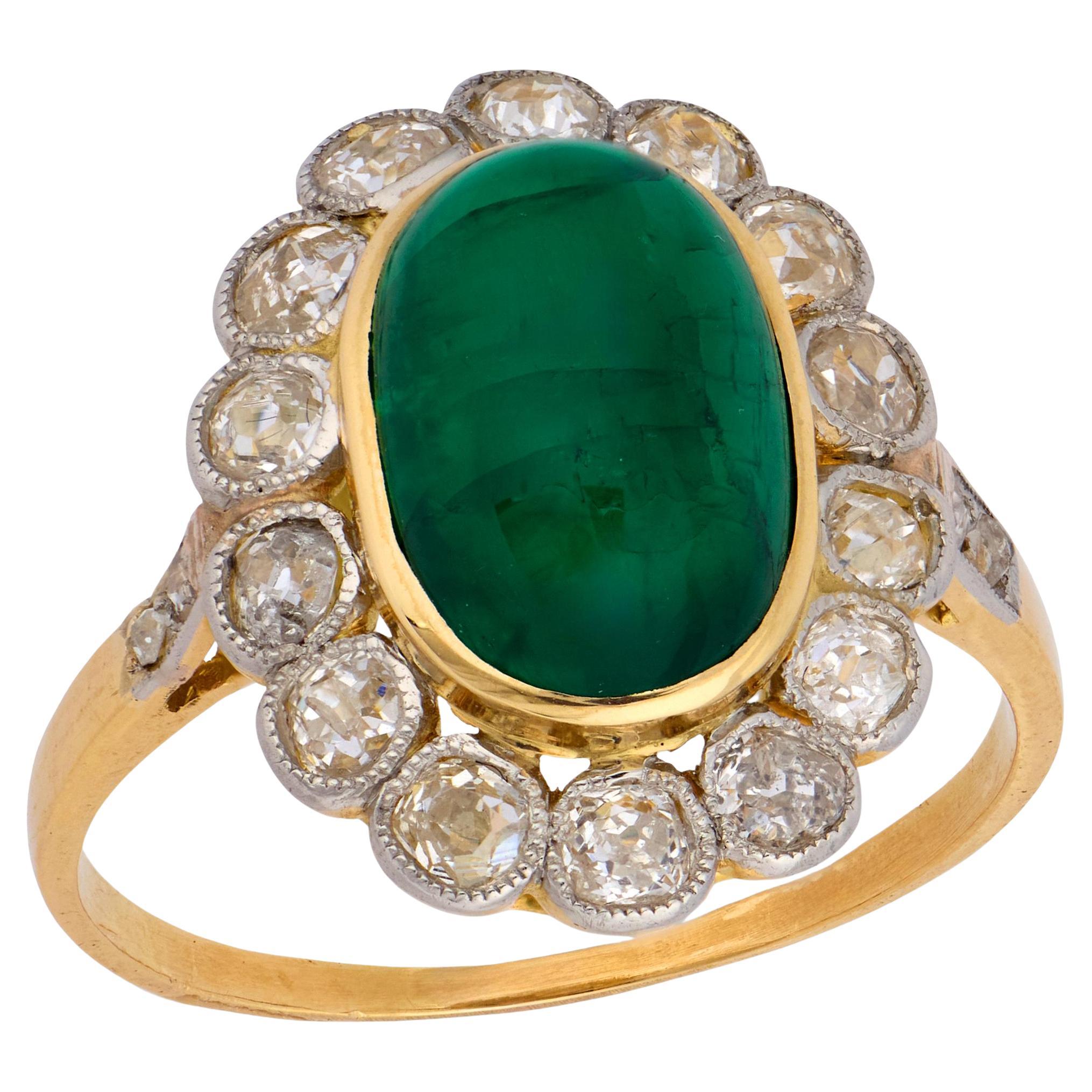Edwardian French 18k/Platinum Emerald & Diamond Halo Ring For Sale