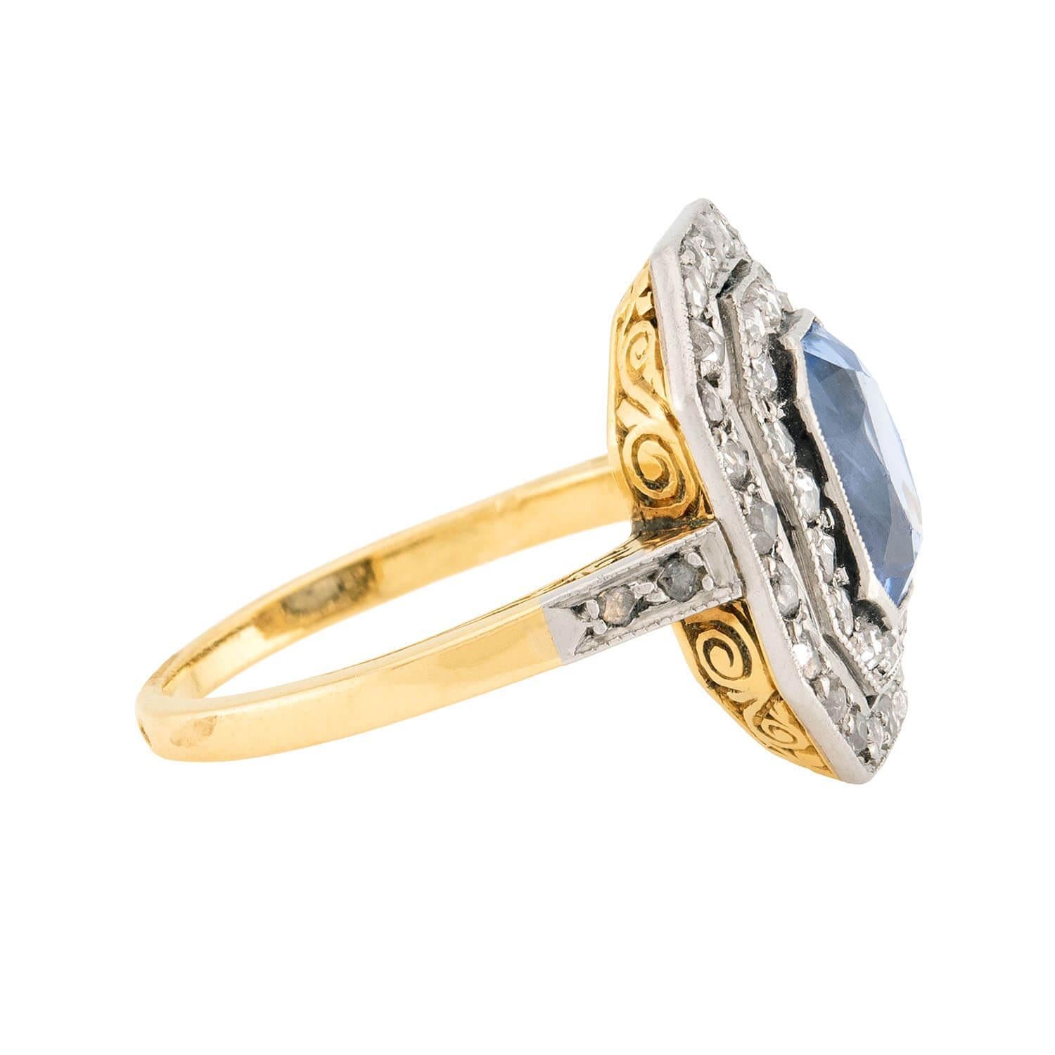 Emerald Cut Edwardian French 18k & Platinum Sapphire Diamond Ring For Sale
