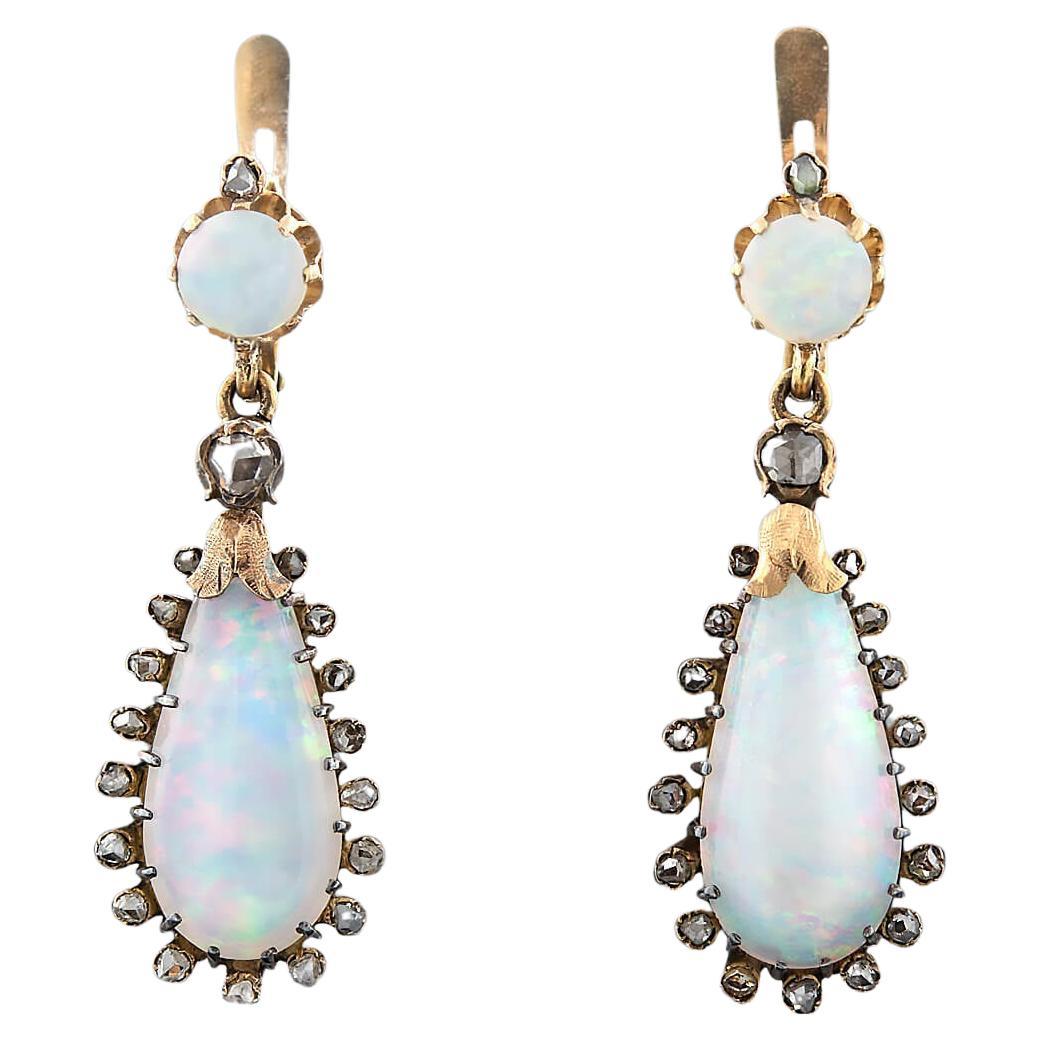 Edwardian French 18kt Opal + Diamond Dangle Earrings