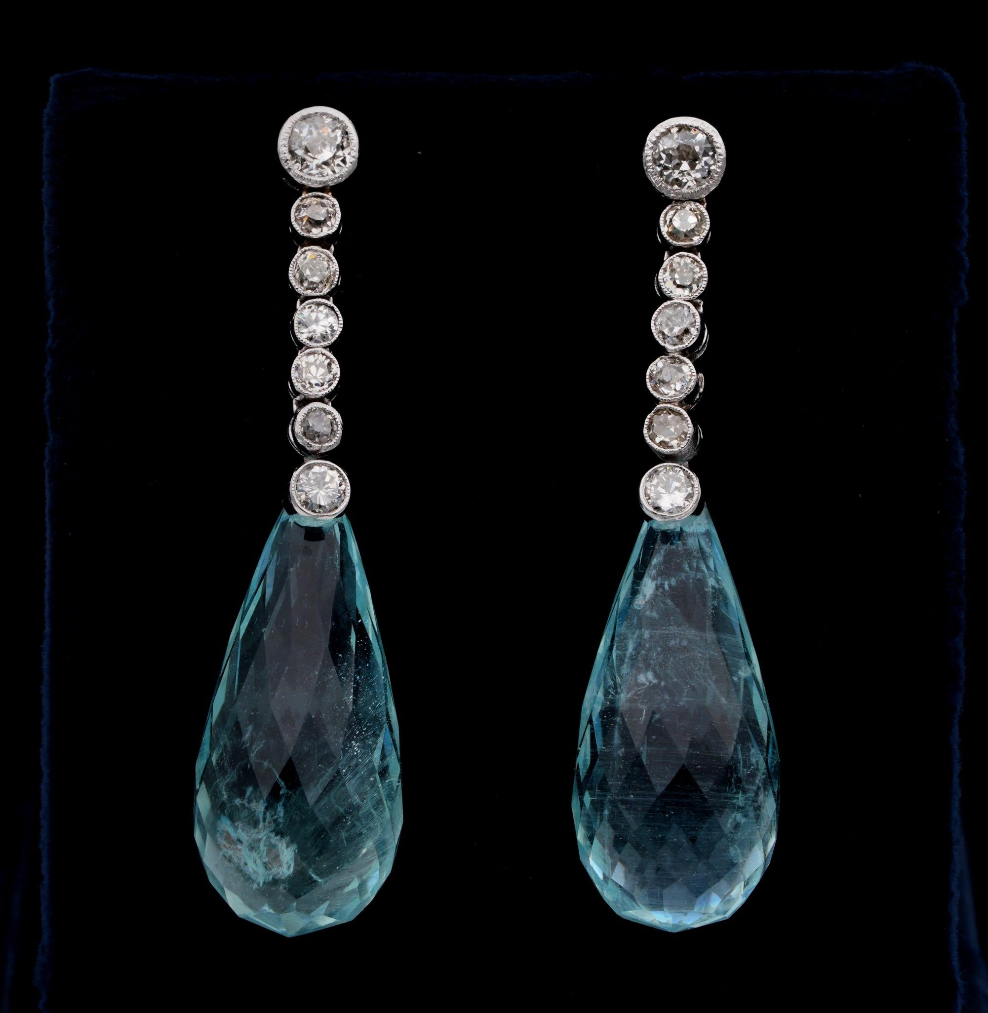 The Rarity Corner

Enchanting Edwardian period, 1910 ca – French marks Aquamarine and Diamond drop earrings
The good ones for a life time
Long swinging drop hand crafted from solid Platinum except the posts made of 18KT gold
Sleek line of antique
