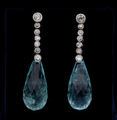 Edwardian French 32.50 Ct Aquamarine Briolette 1.20 Ct Old Mine Diamond Earrings