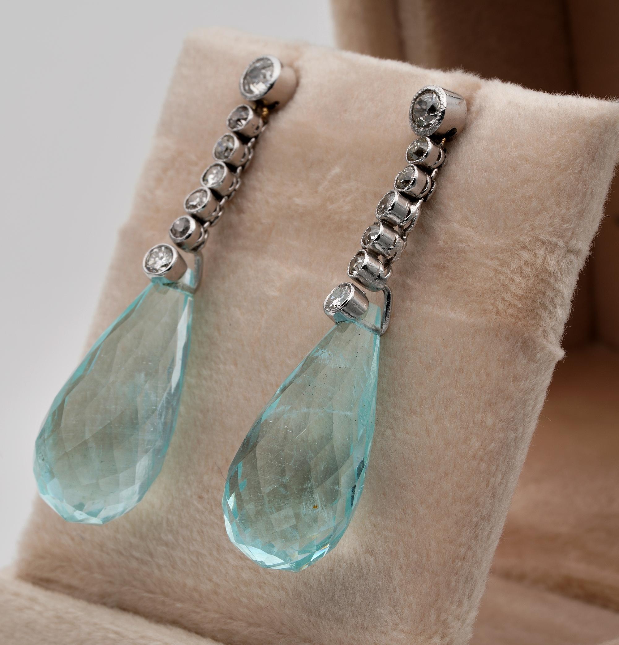 Edwardian French 32.50 Ct Aquamarine Briolette 1.20 Ct Old Mine Diamond Earrings In Good Condition For Sale In Napoli, IT