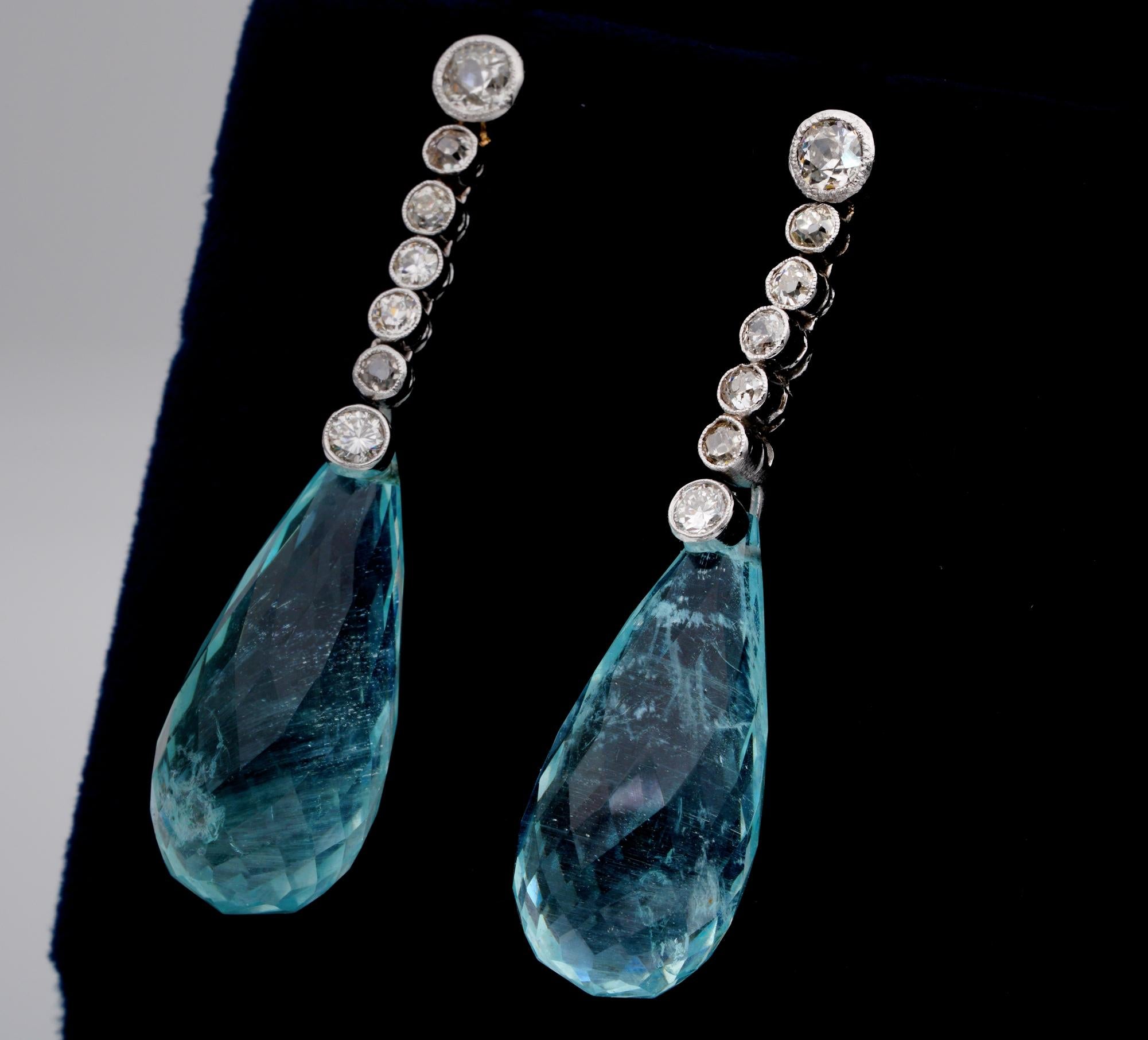 Women's Edwardian French 32.50 Ct Aquamarine Briolette 1.20 Ct Old Mine Diamond Earrings For Sale