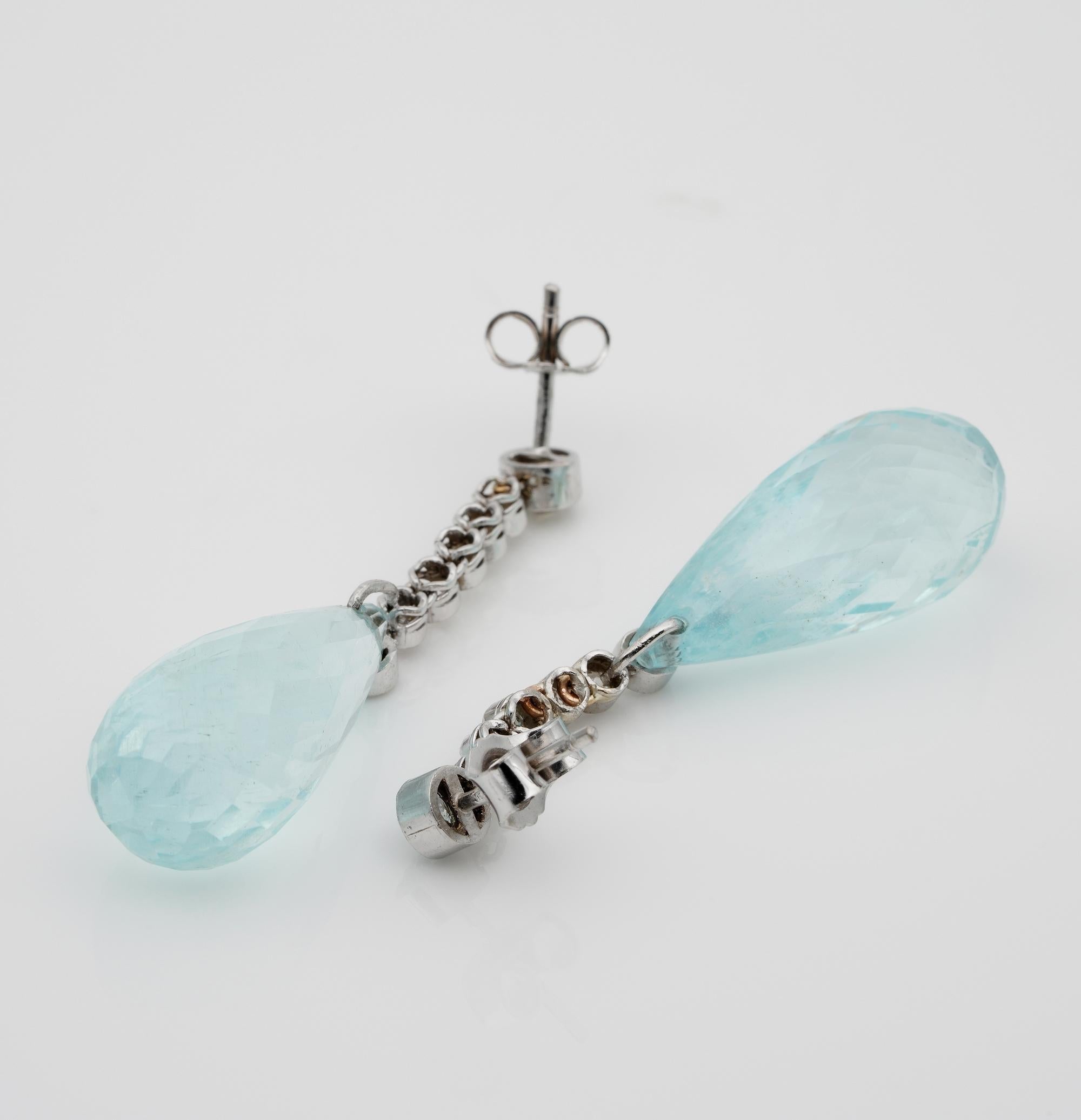 Edwardian French 32.50 Ct Aquamarine Briolette 1.20 Ct Old Mine Diamond Earrings For Sale 1