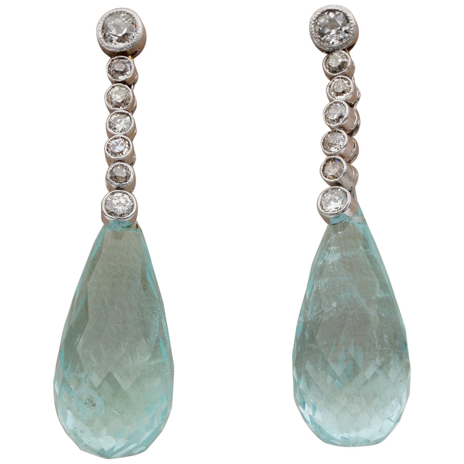 Edwardian French 32.50 Ct Aquamarine Briolette 1.20 Ct Old Mine Diamond Earrings For Sale