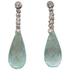 Antique Edwardian French 32.50 Ct Aquamarine Briolette 1.20 Ct Old Mine Diamond Earrings