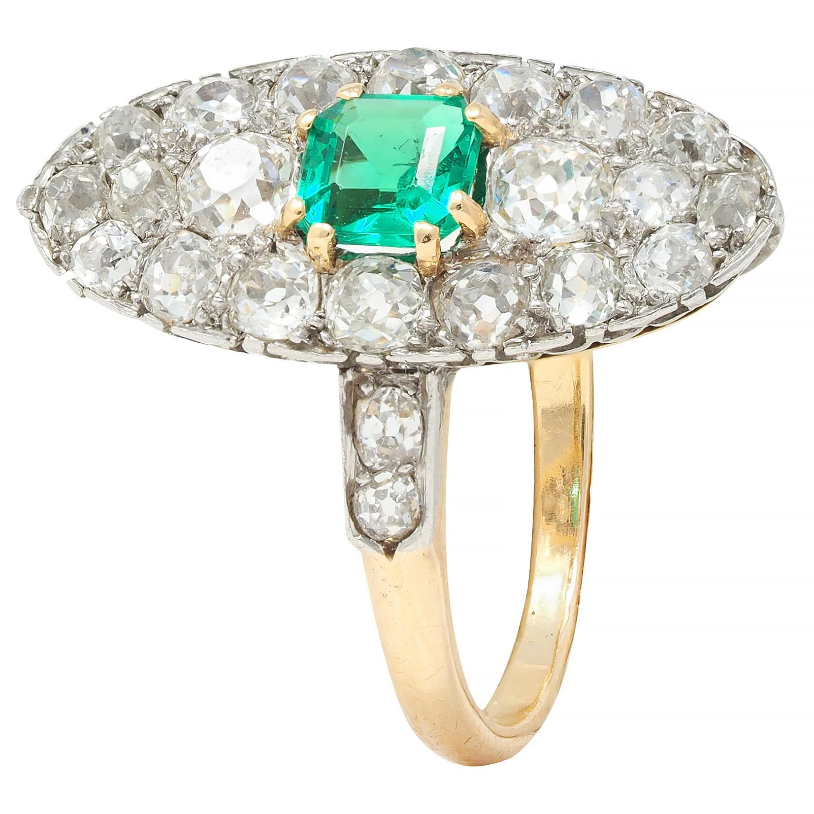 Edwardian French Antique Emerald Diamond Platinum 14 Karat Gold Navette Ring For Sale 4