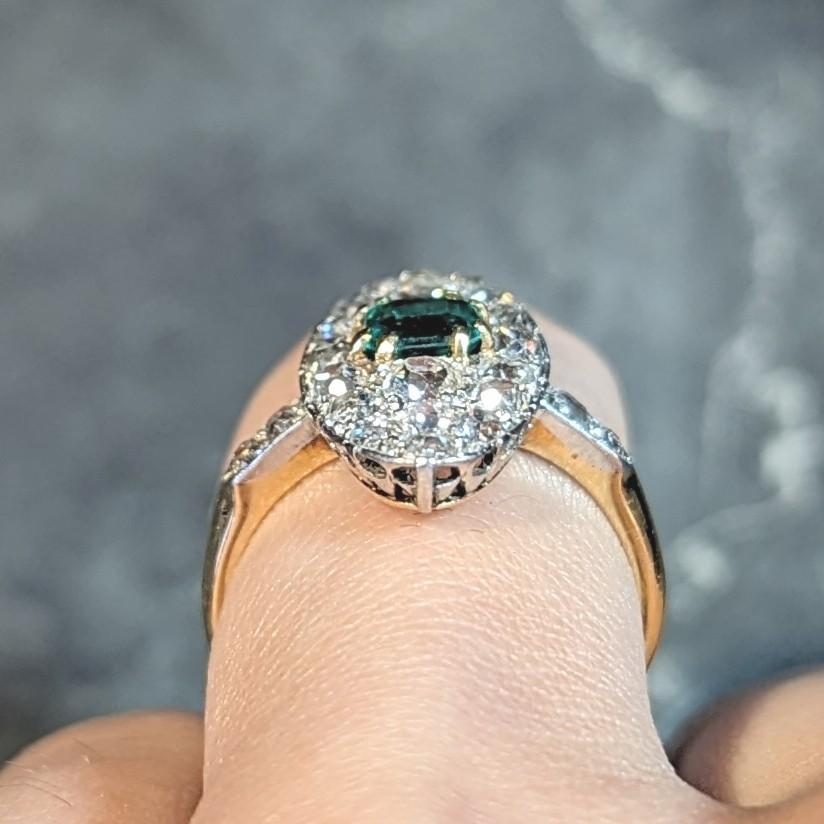 Edwardian French Antique Emerald Diamond Platinum 14 Karat Gold Navette Ring For Sale 9