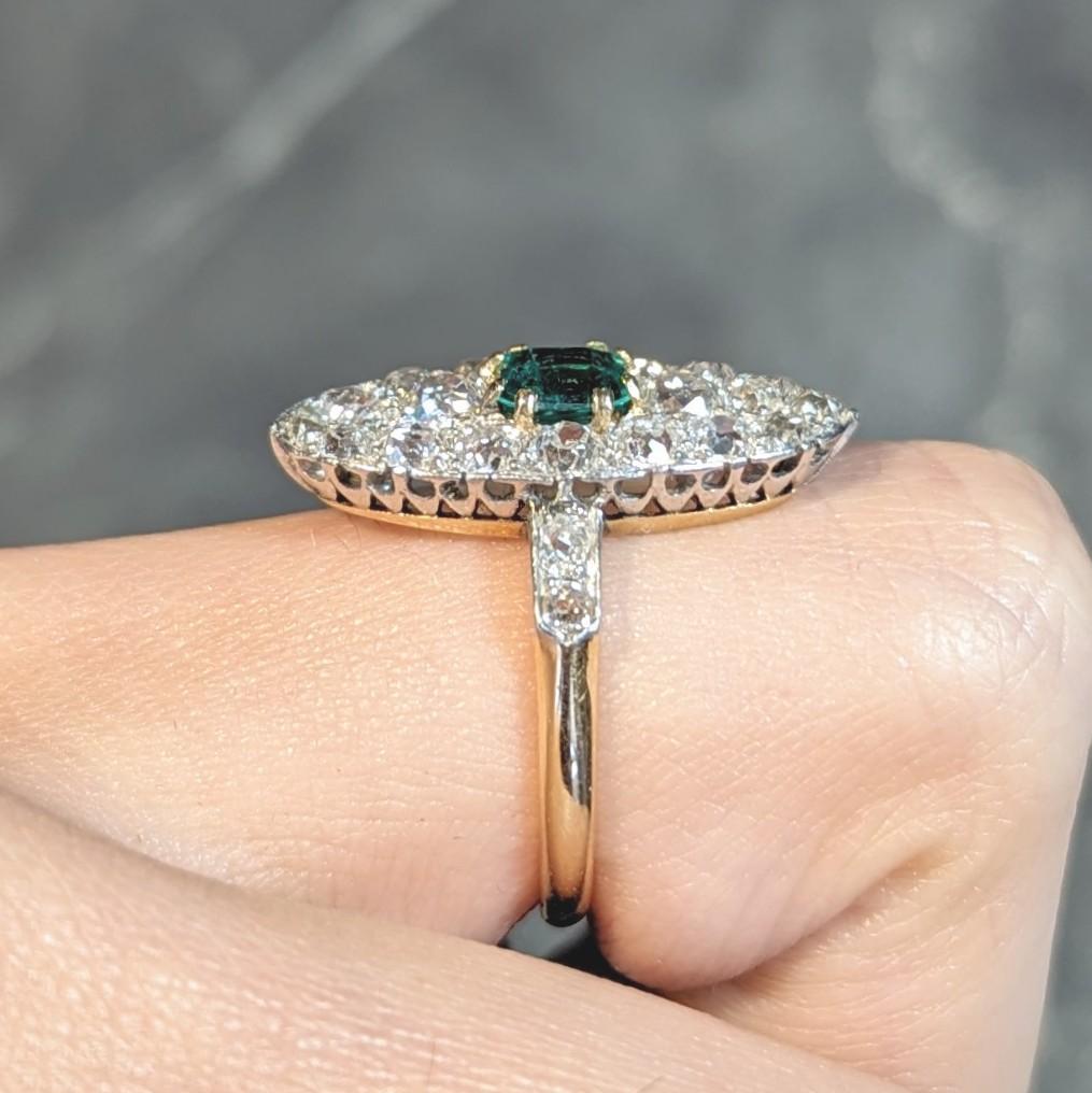 Edwardian French Antique Emerald Diamond Platinum 14 Karat Gold Navette Ring For Sale 10