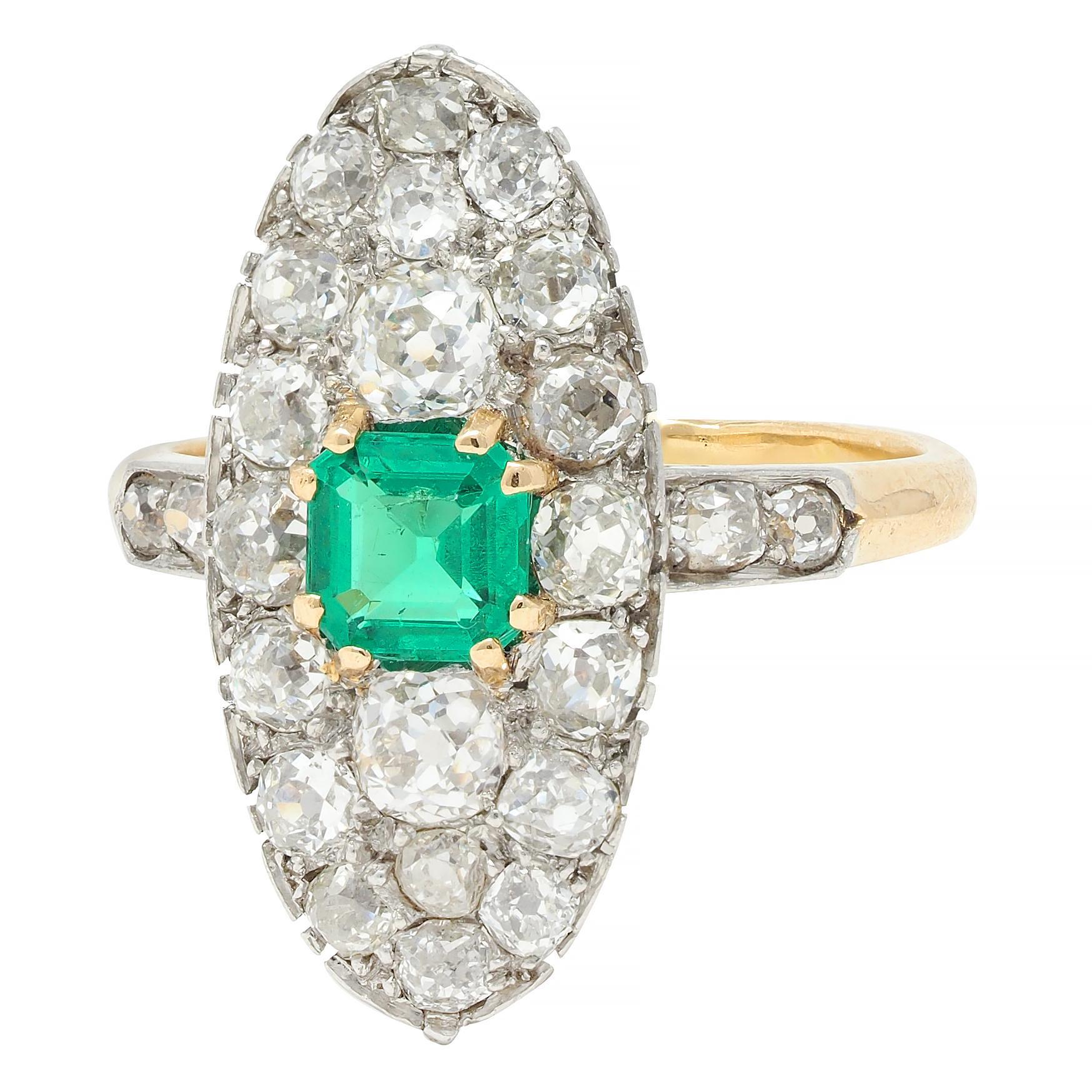 Edwardian French Antique Emerald Diamond Platinum 14 Karat Gold Navette Ring For Sale 1